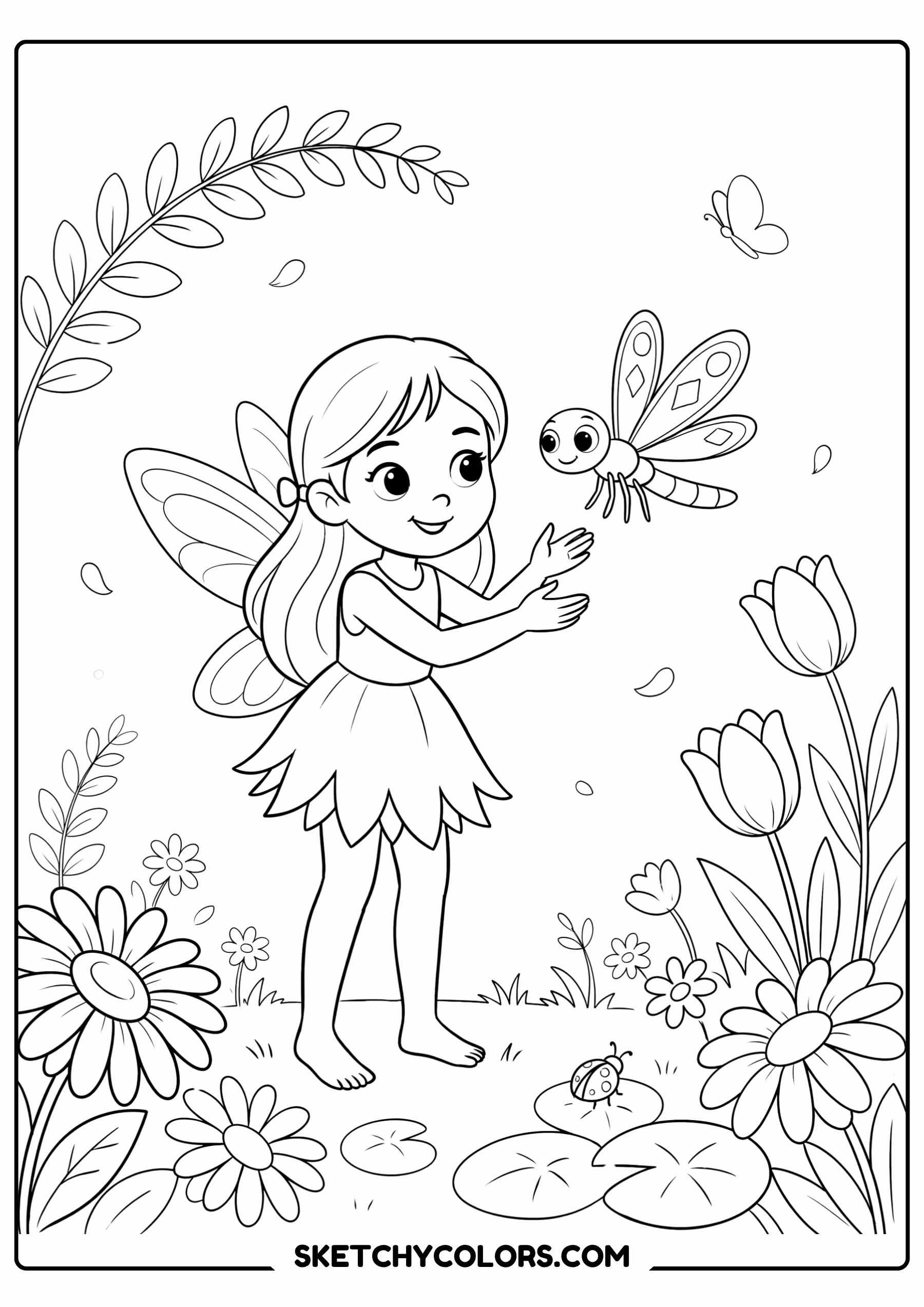 fairy coloring page dragonfly friend flowers leaves garden free printable pdf