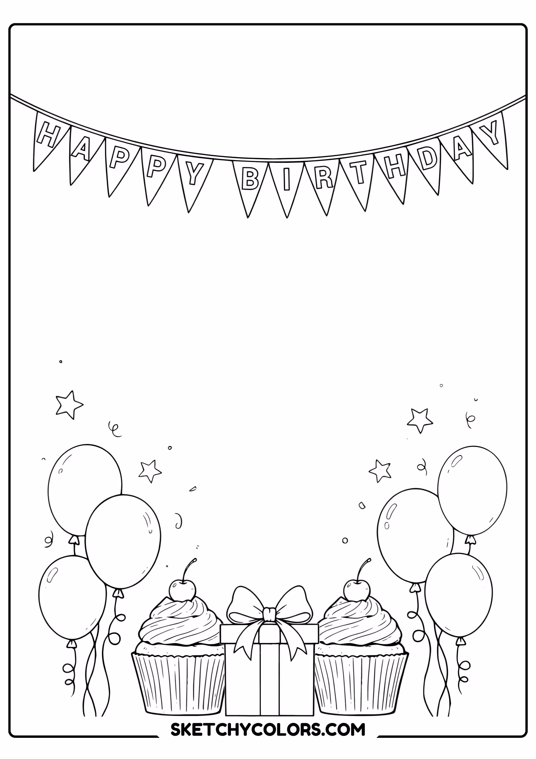 happy birthday coloring page banner balloons cupcakes free printable pdf