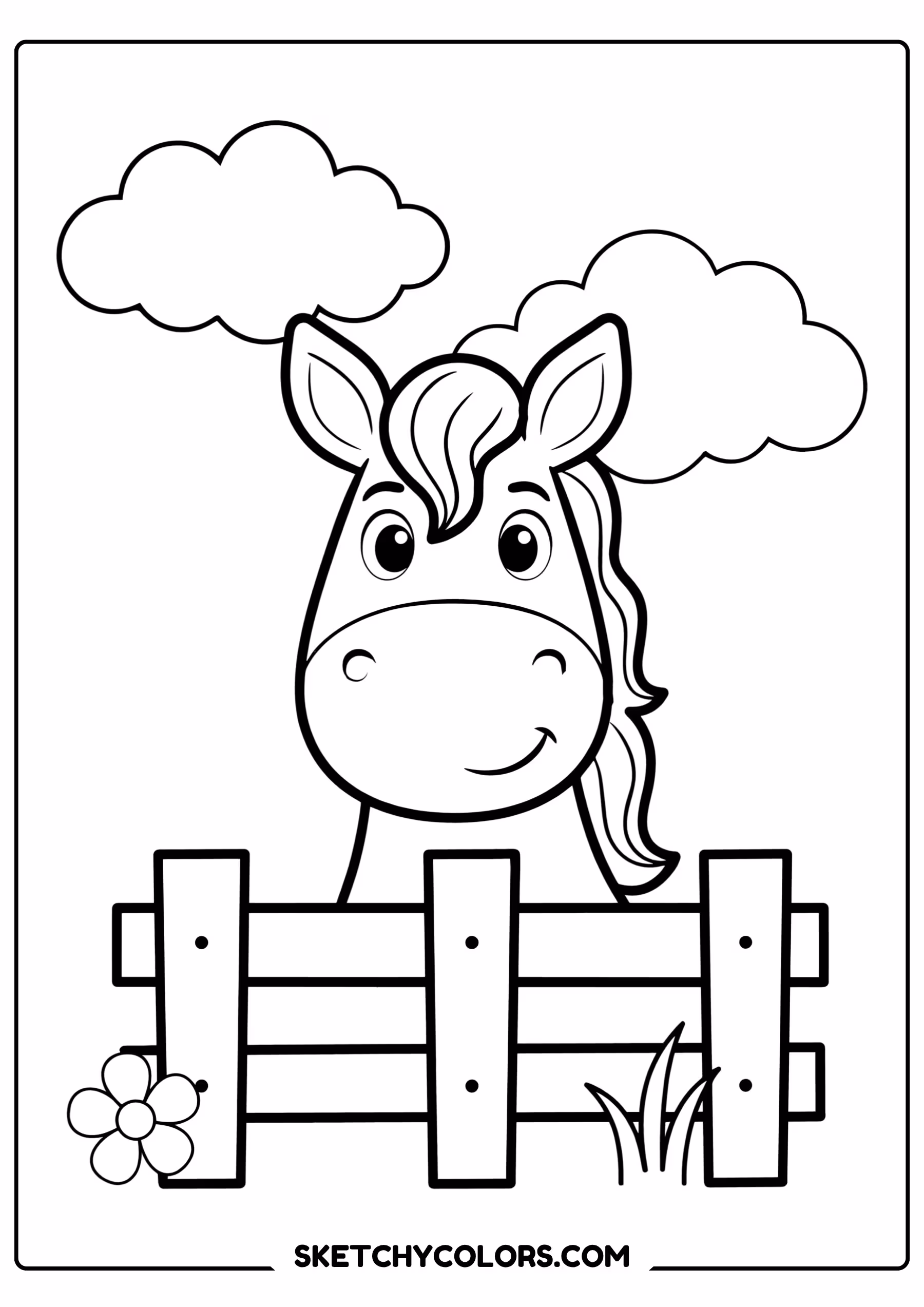 horse coloring page peeking fence free printable pdf