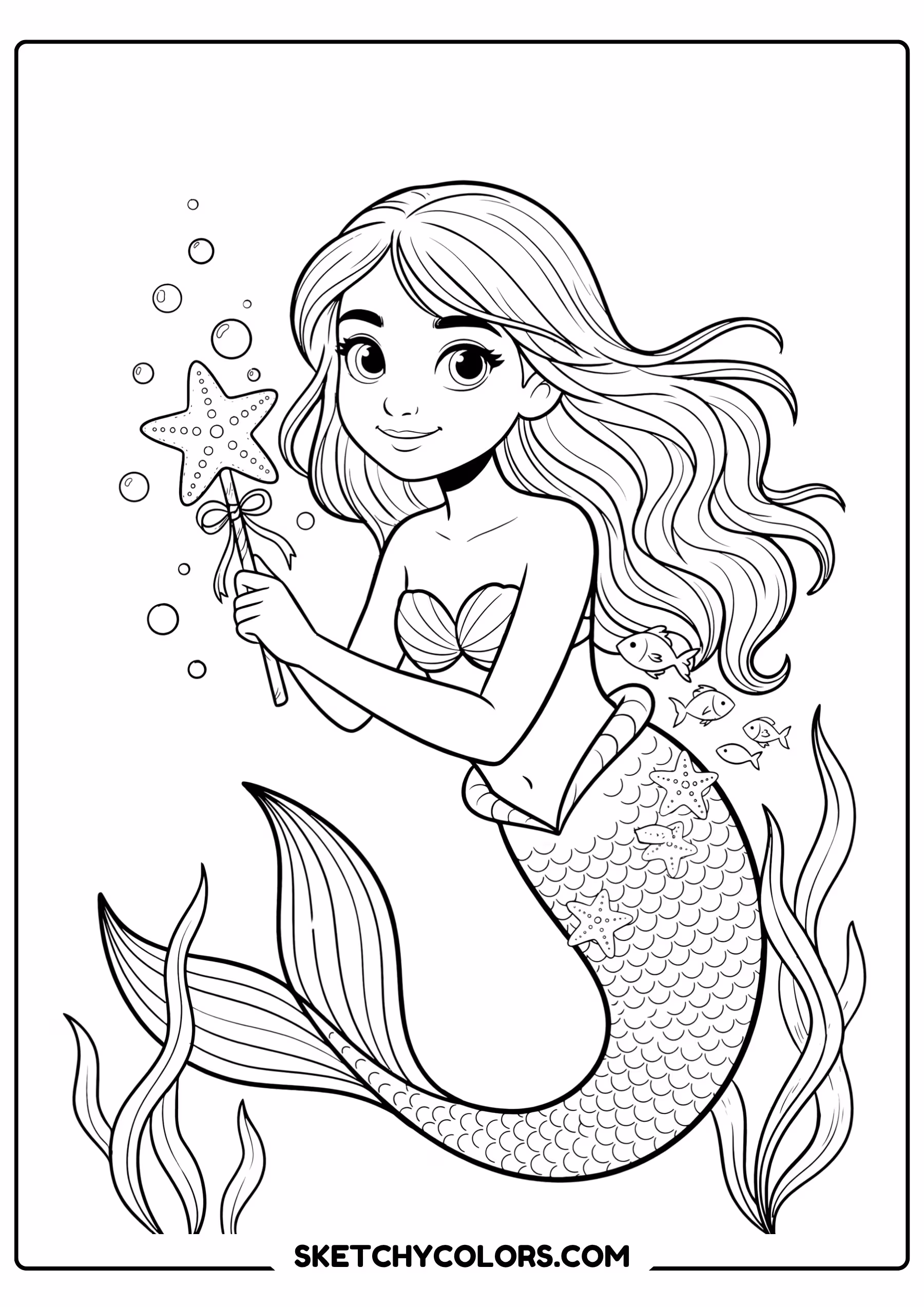 mermaid coloring page magical starfish wand bubbles fish free printable pdf