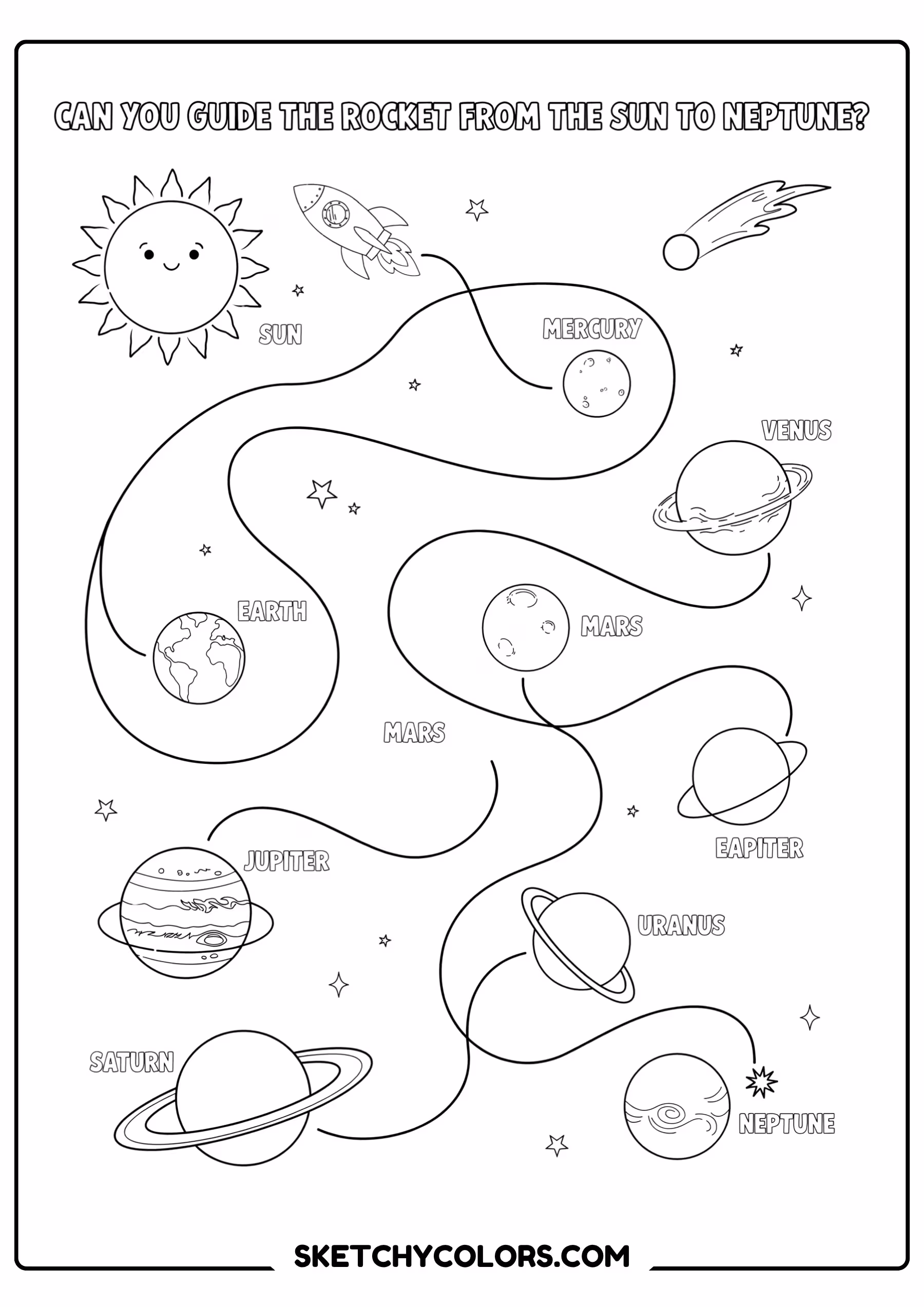 solar system coloring page maze spaceship sun neptune free printable pdf
