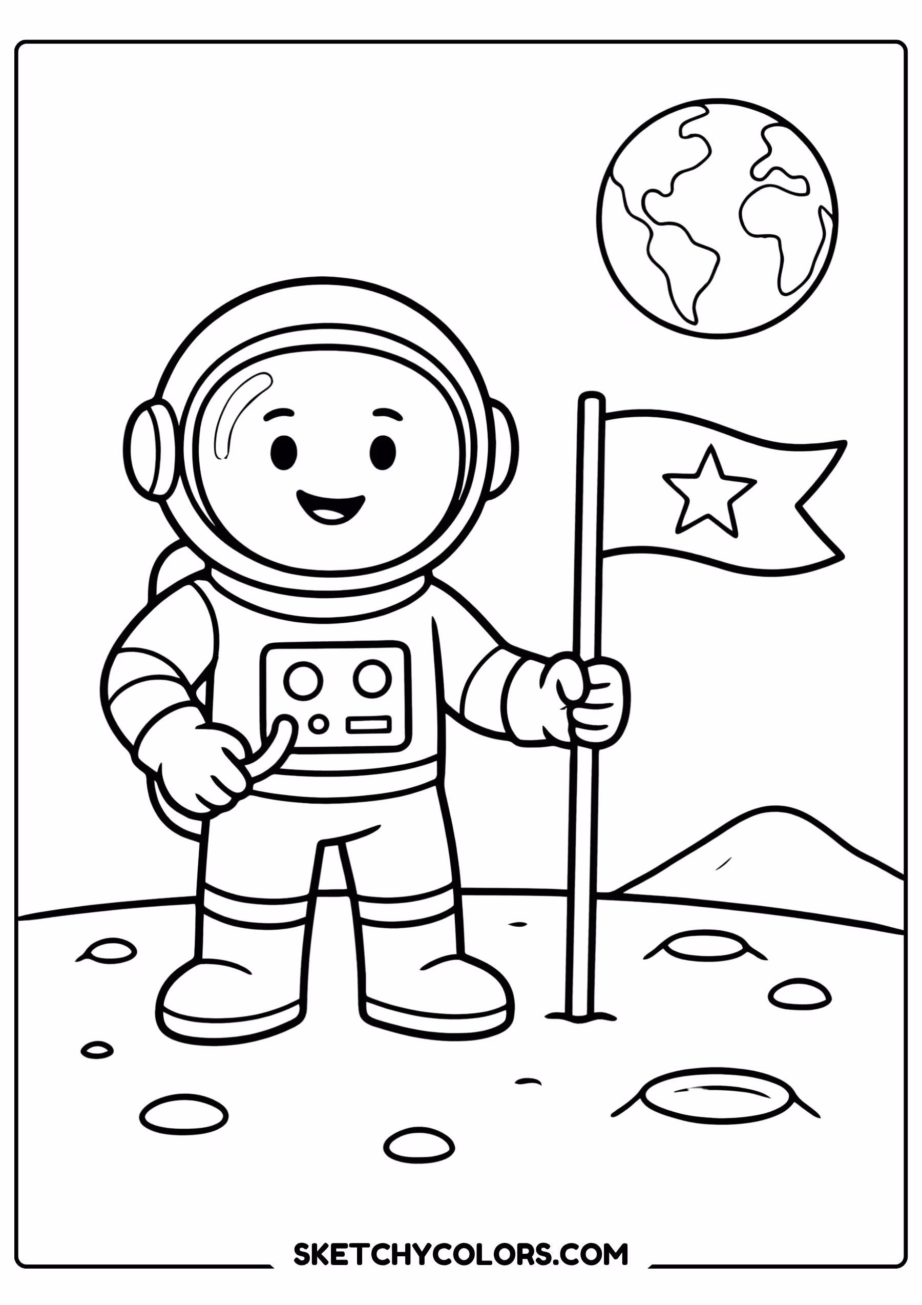 space coloring page astronaut planting flag moon free printable pdf