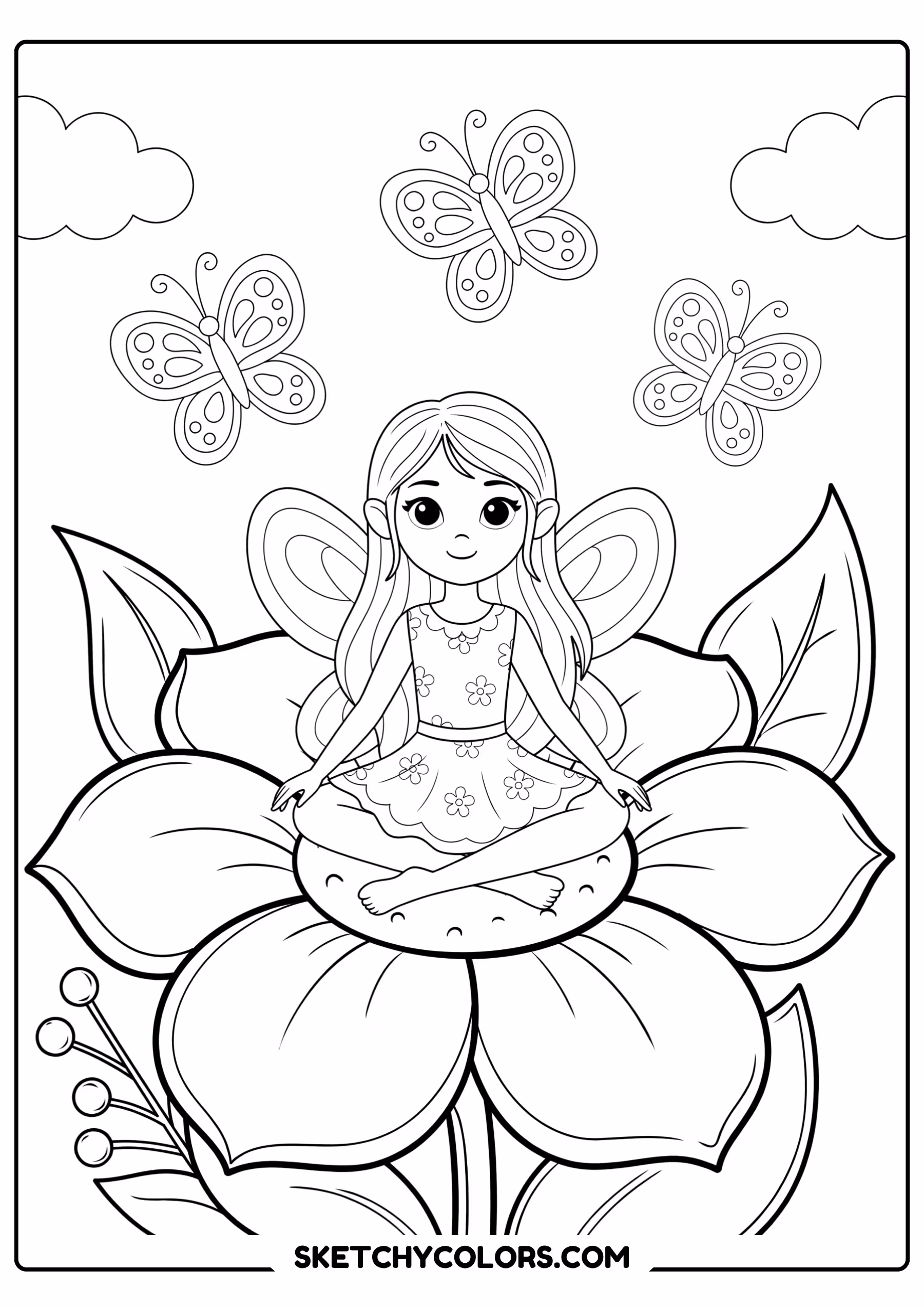 spring coloring page fairy giant flower butterflies free printable pdf