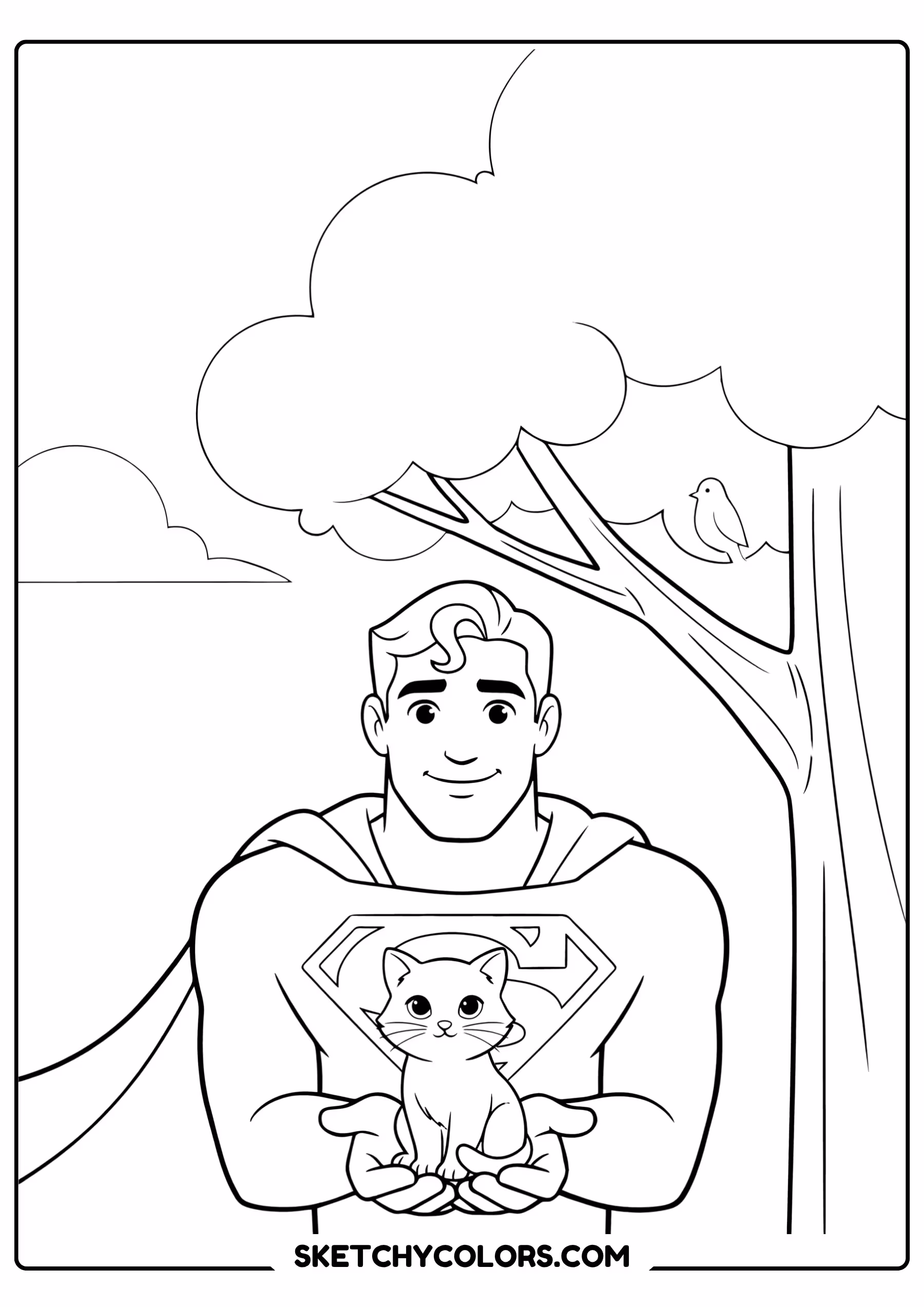 superman saving kitten coloring page free printable pdf