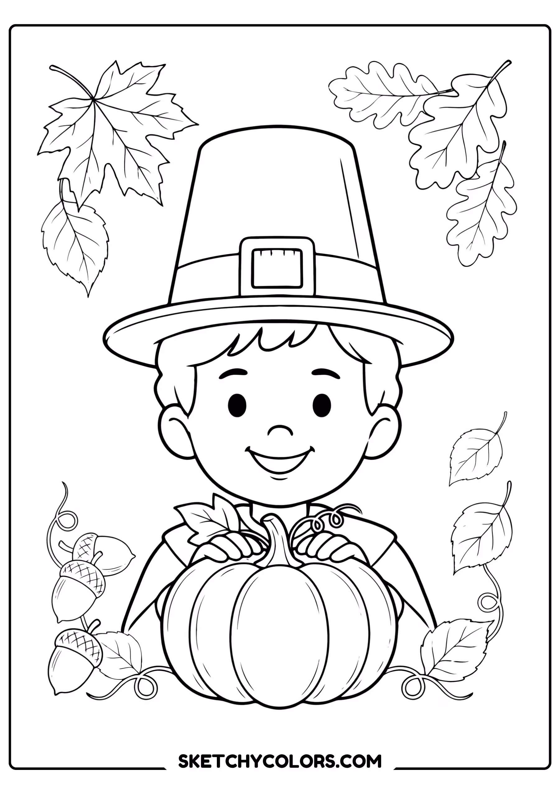thanksgiving coloring page pilgrim boy pumpkin free printable pdf
