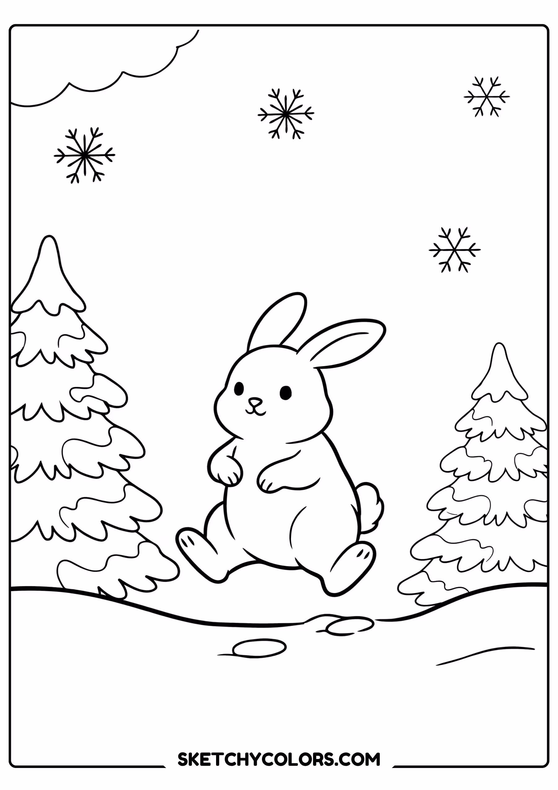 winter rabbit snow coloring page free printable for kids