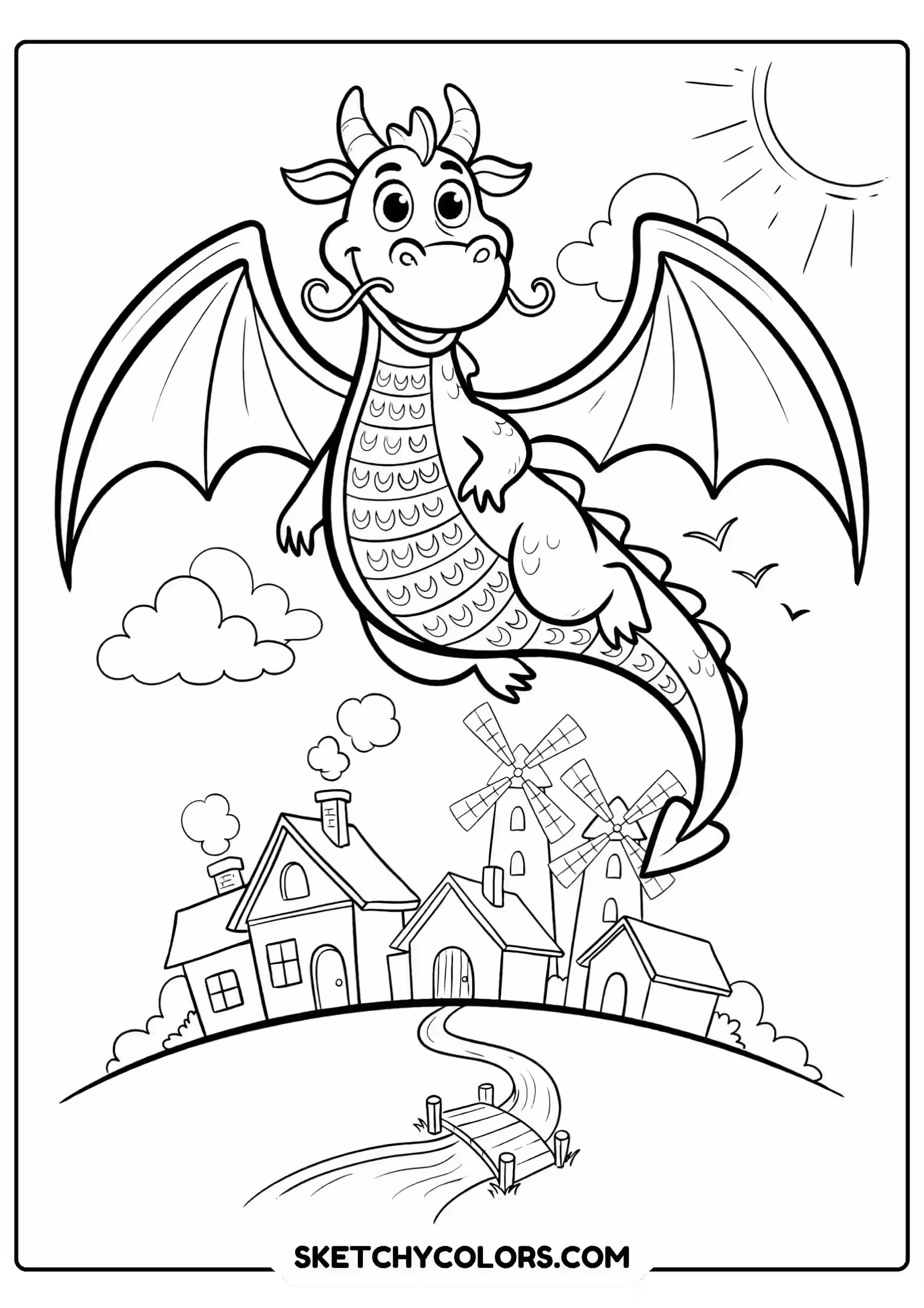 dragon coloring page medieval village cottages windmills free printable for kids