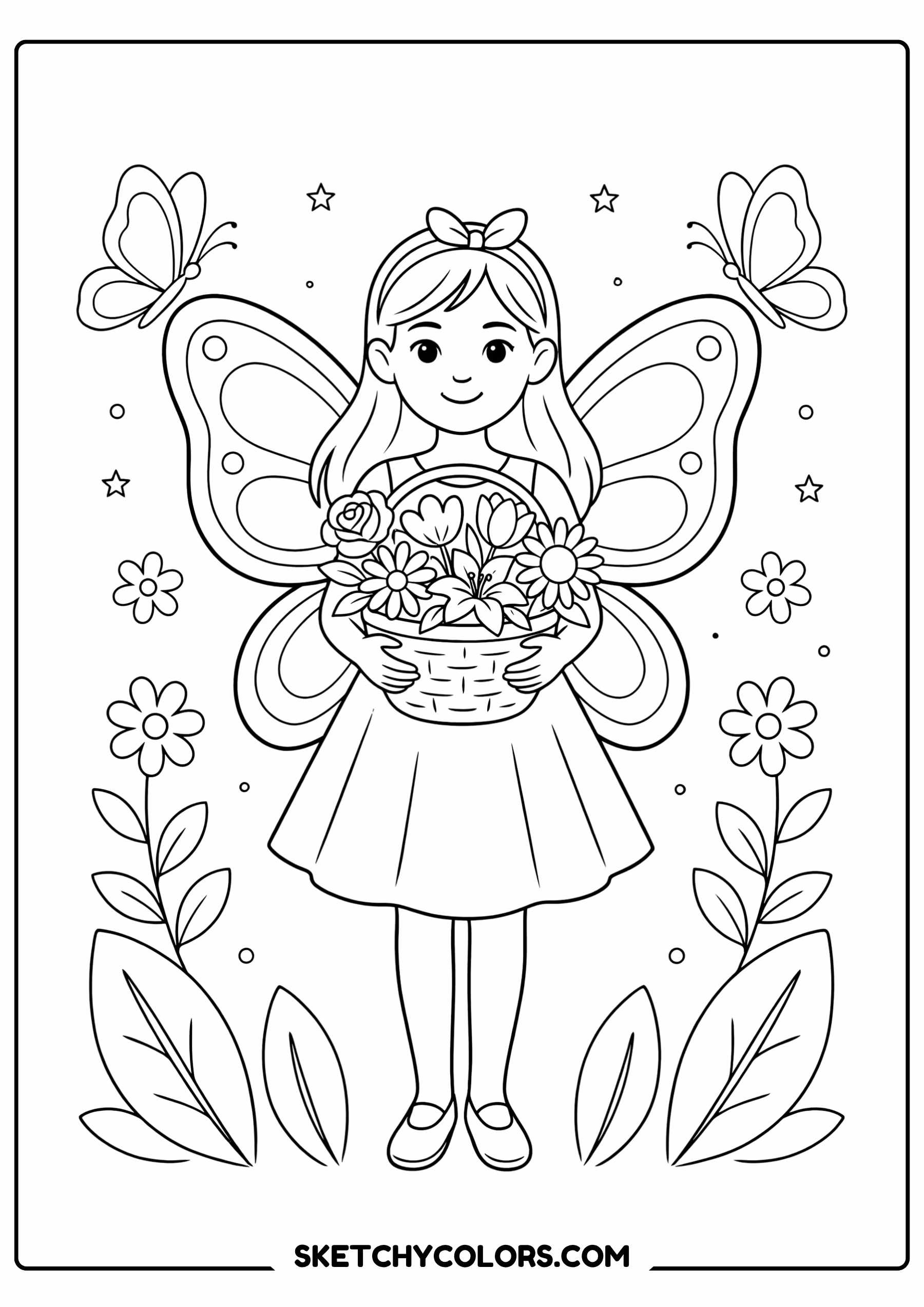 fairy coloring page flower basket butterfly wings garden free printable for kids