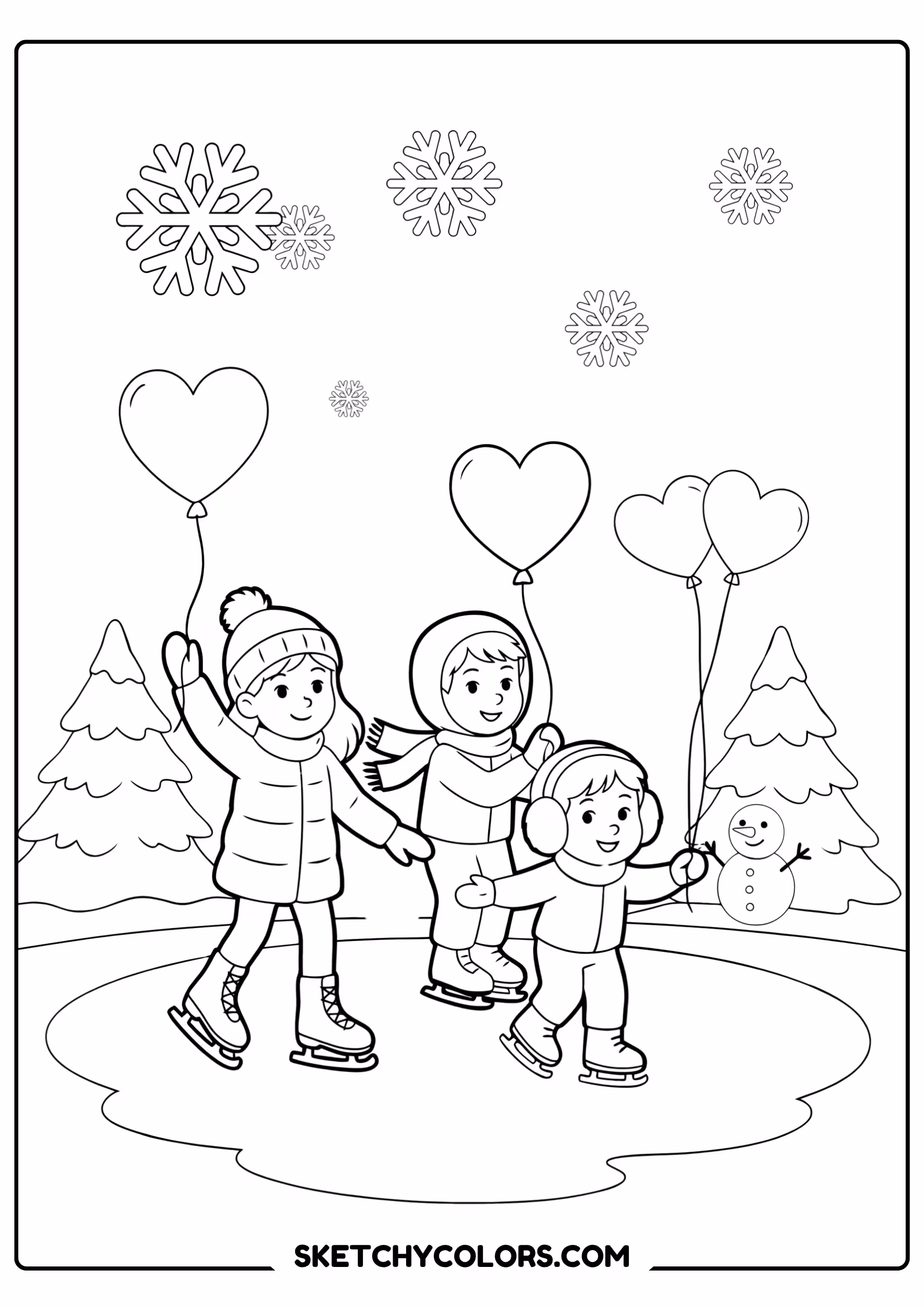 february coloring page ice skating heart balloons free printable for kids