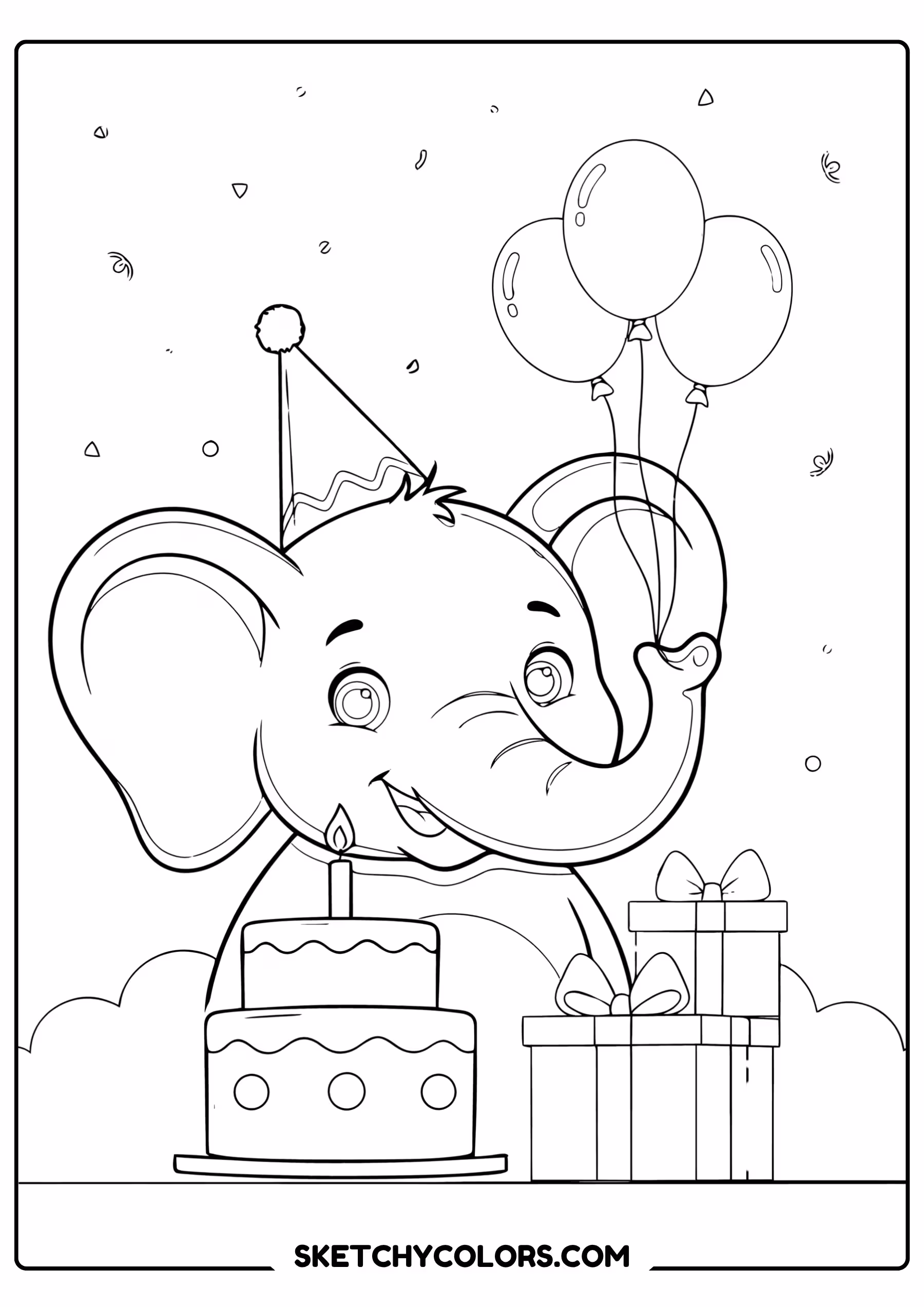 happy birthday coloring page elephant party hat balloons free printable for kids
