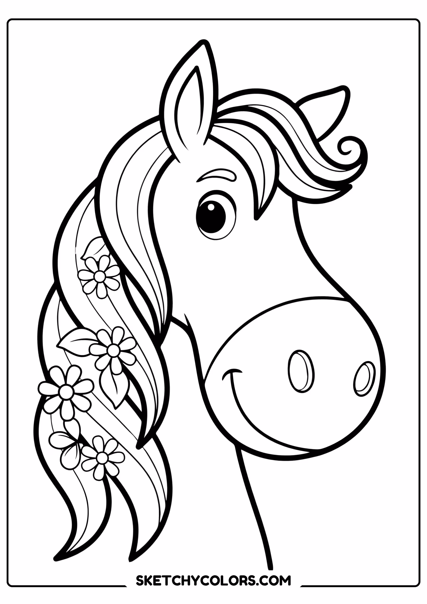 horse coloring page flower mane portrait free printable for kids
