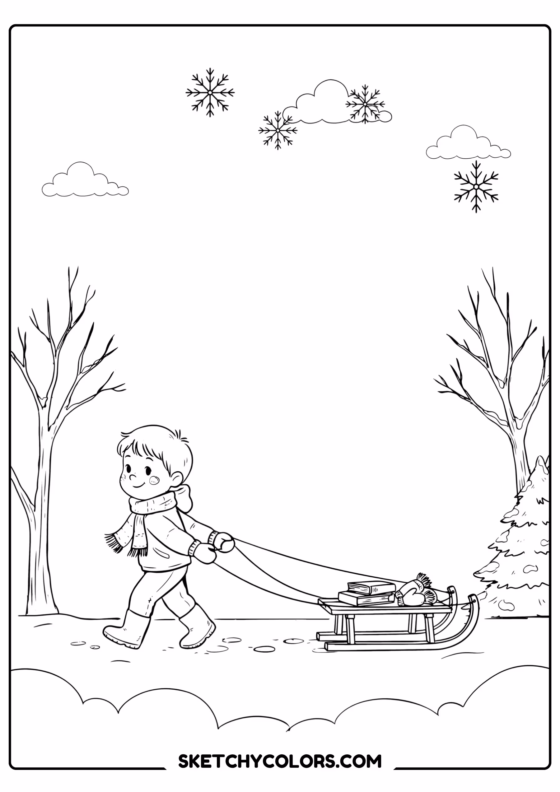january coloring page child pulling sled free printable for kids
