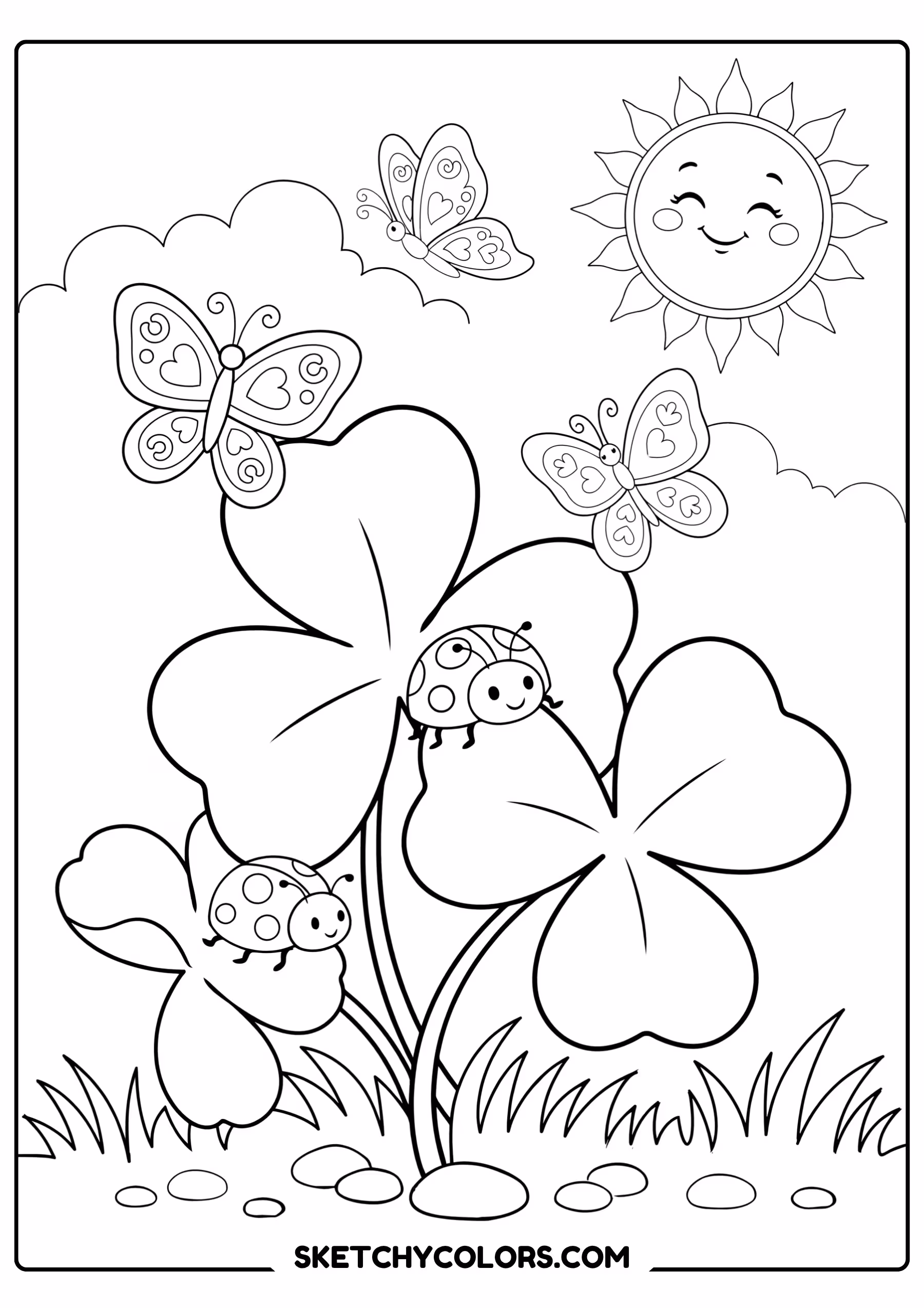 march coloring page shamrock garden ladybugs butterflies free printable for kids