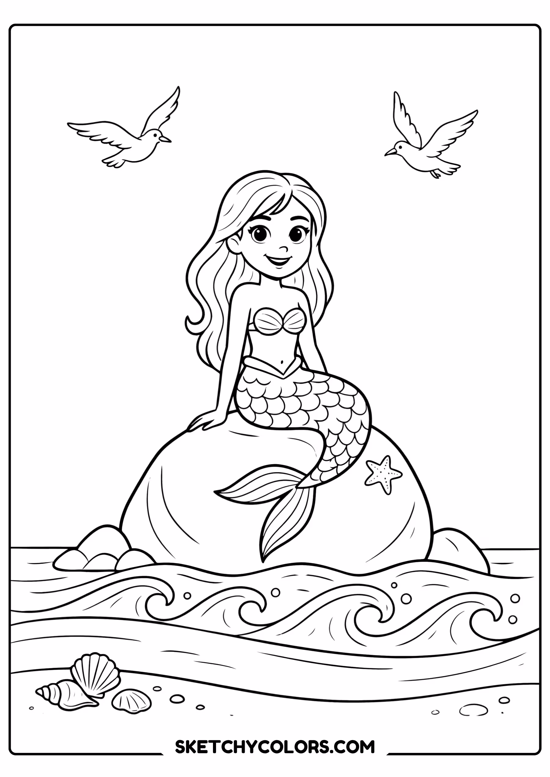 mermaid coloring page sitting rock ocean waves seagulls free printable for kids
