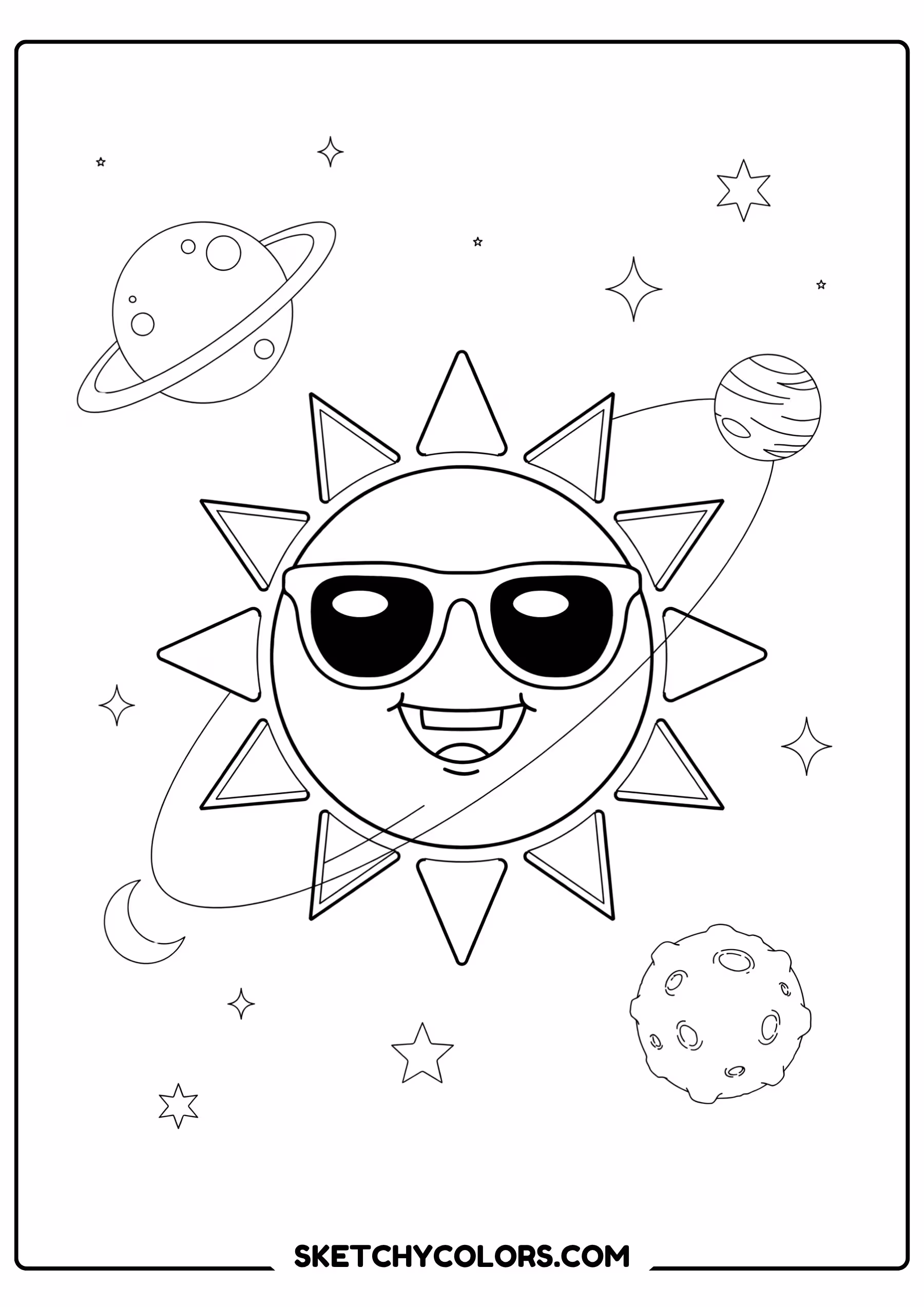 space coloring page sun sunglasses planets stars free printable for kids