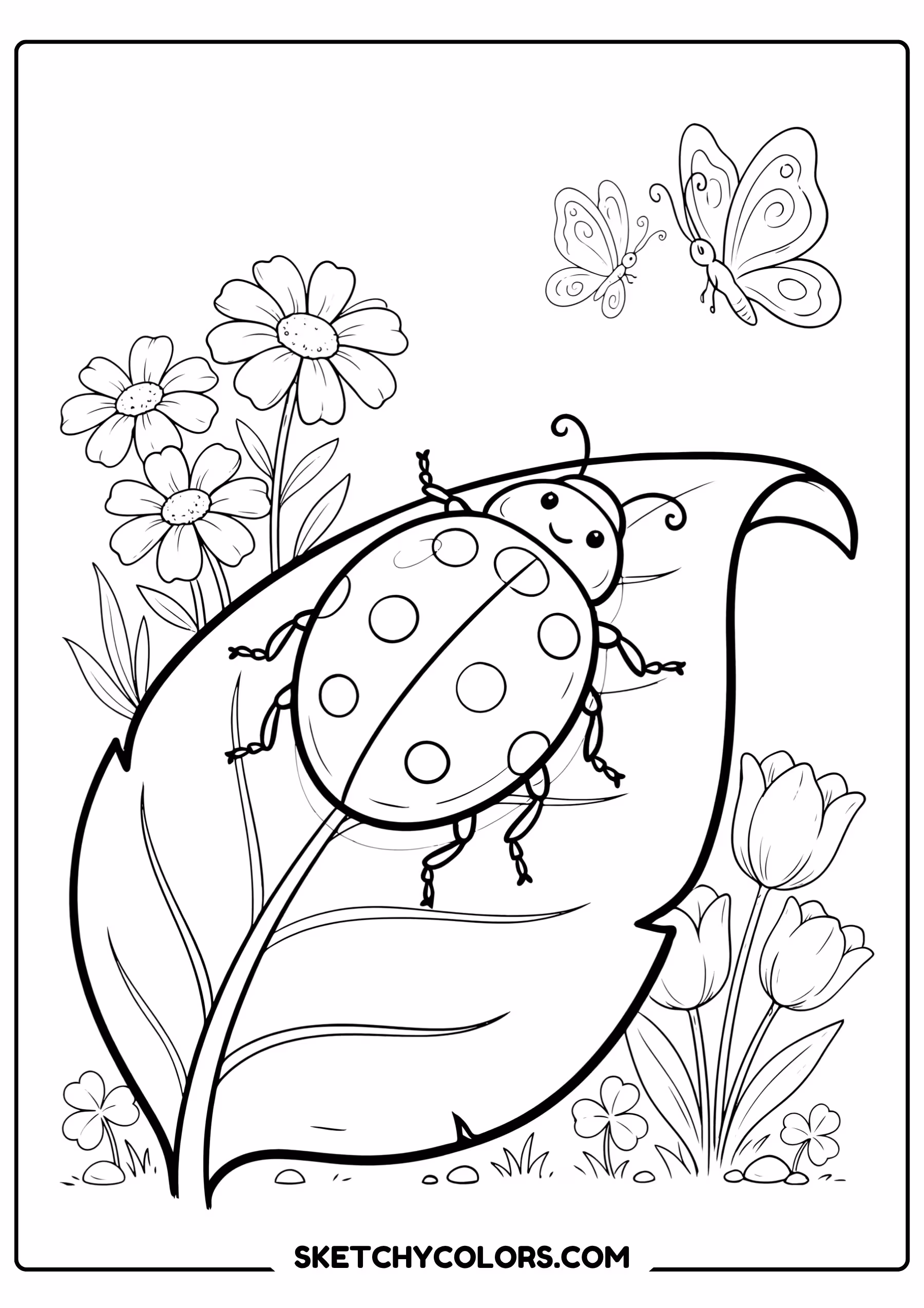 spring coloring page ladybug spring leaf flowers free printable for kids