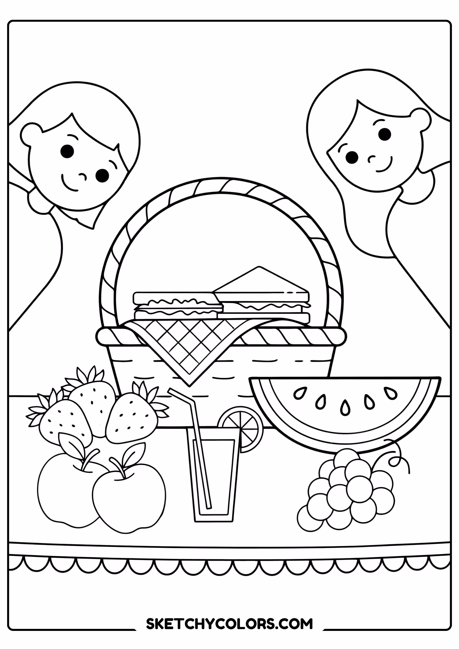 summer coloring page family picnic basket fruit free printable for kids