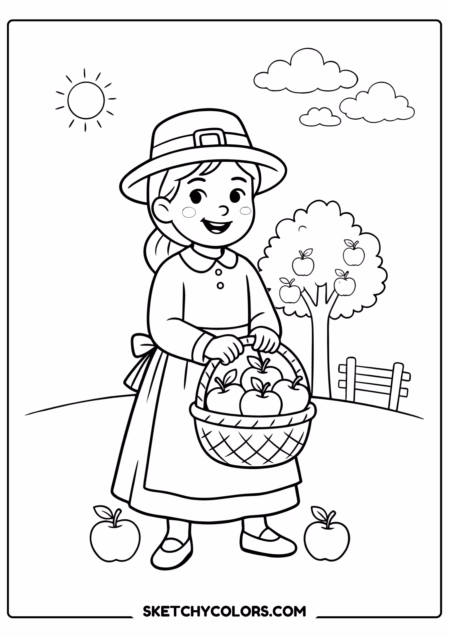 thanksgiving coloring page pilgrim girl apple basket free printable for kids