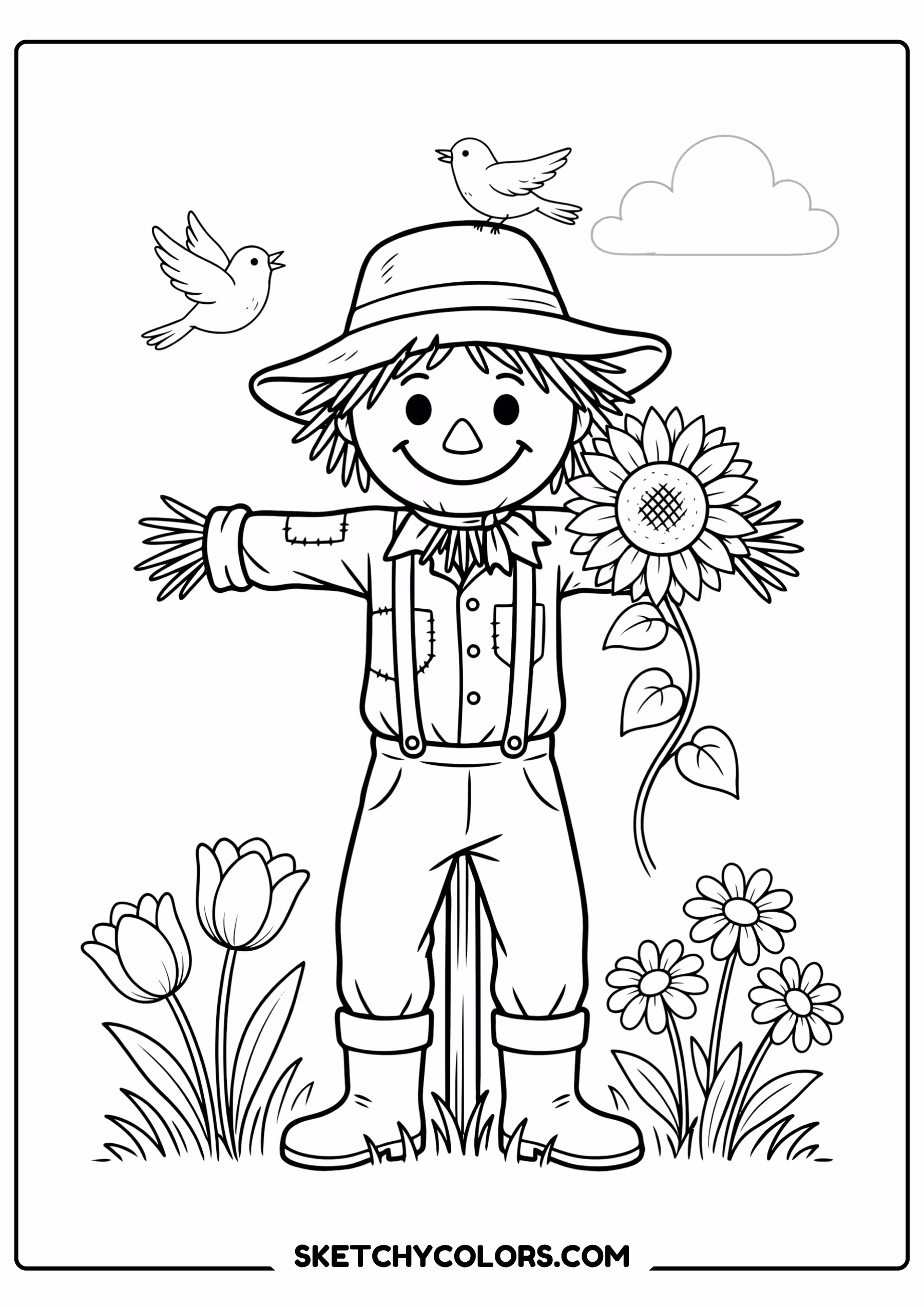 april scarecrow printable coloring sheet