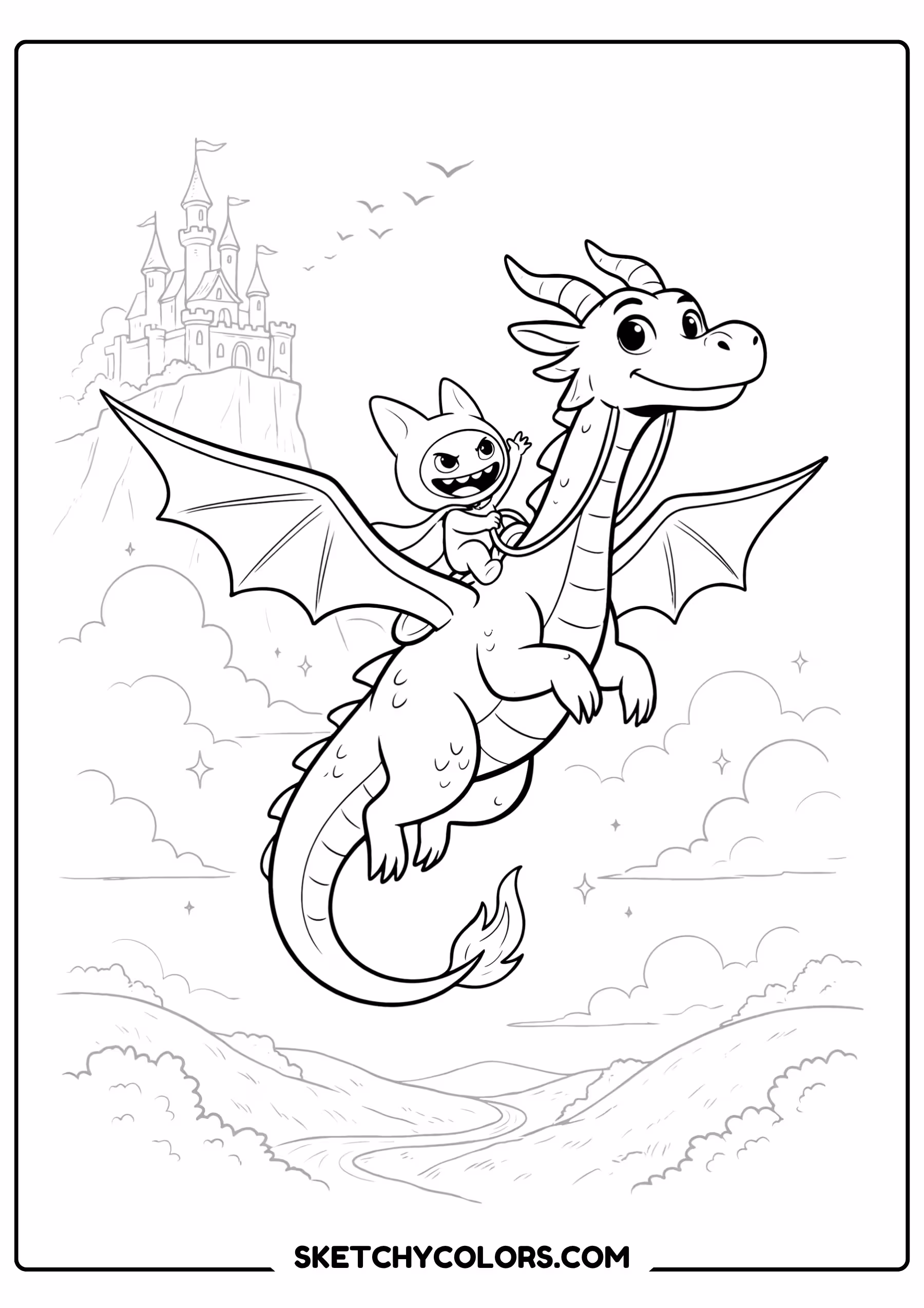 labubu dragon rider printable coloring sheet