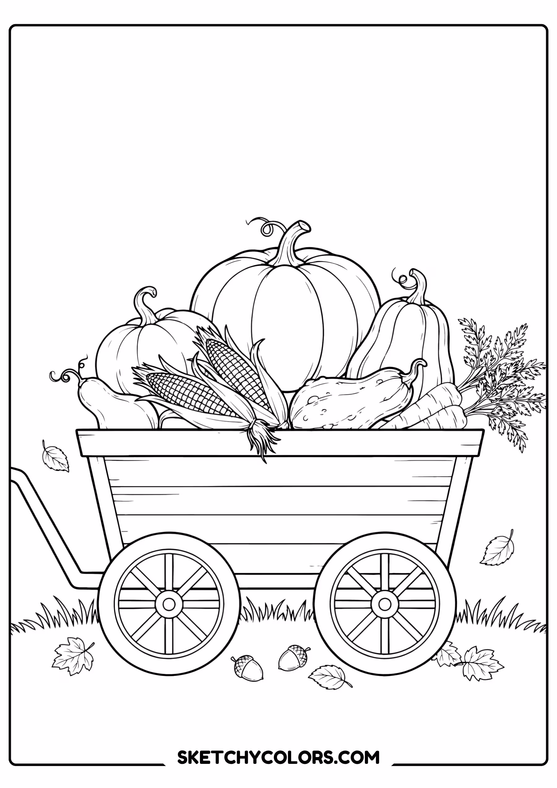 autumn coloring page harvest pumpkin wagon vegetables free printable pdf