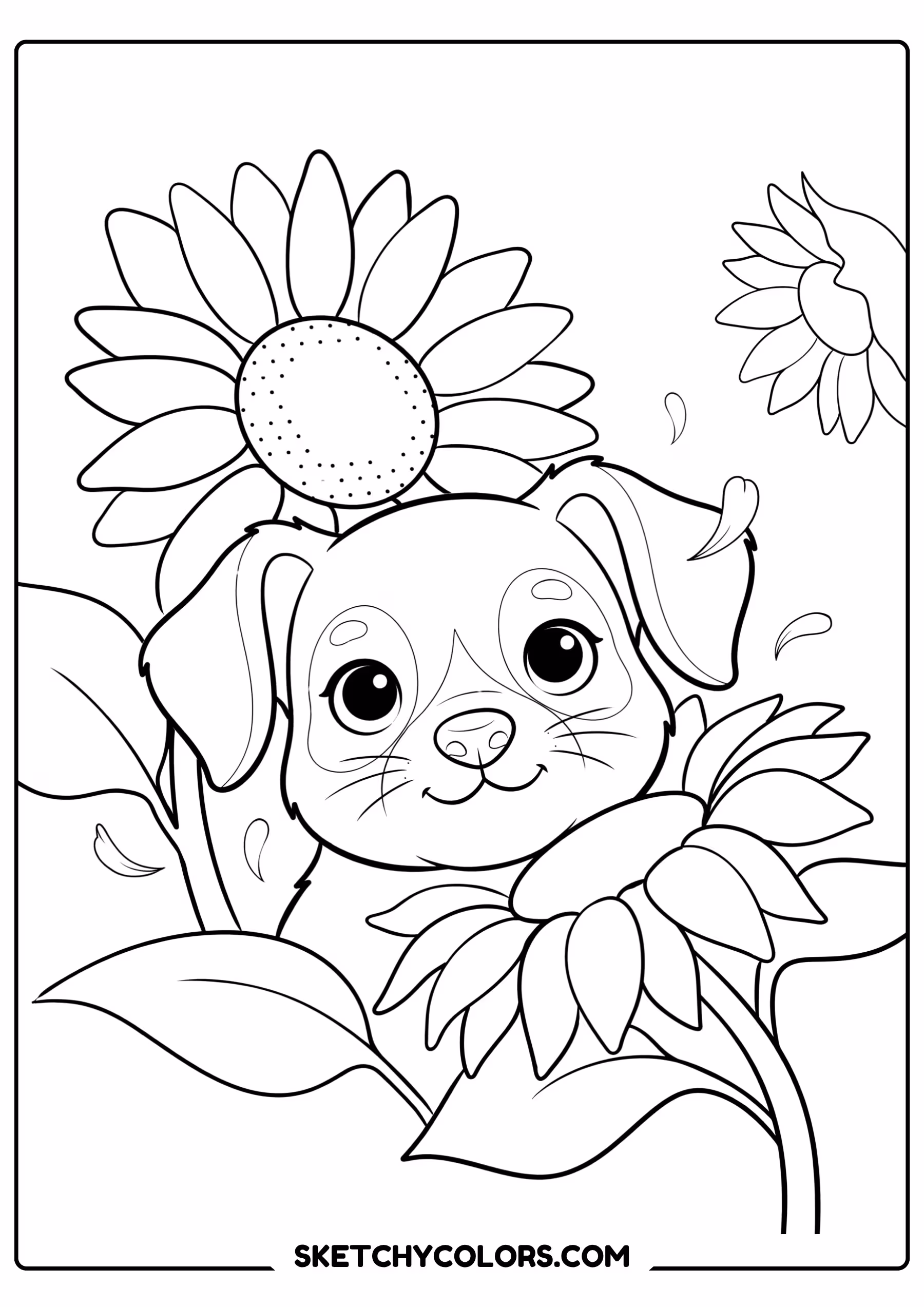 dog coloring page puppy sunflowers free printable pdf