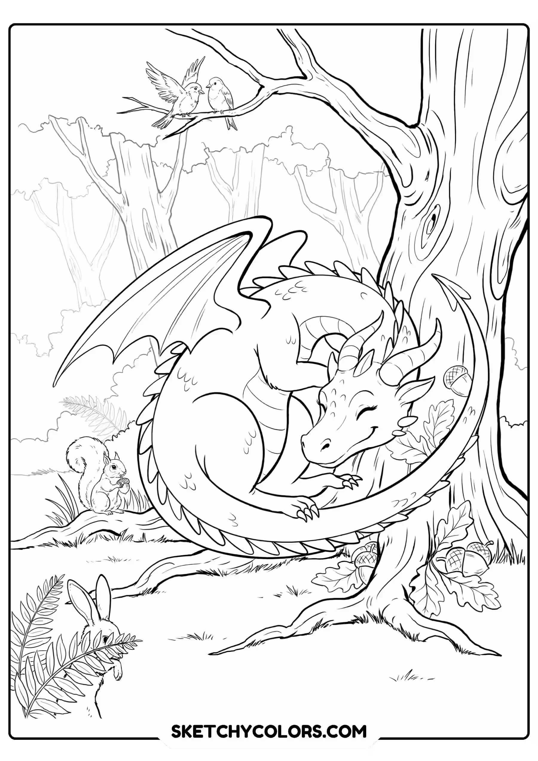 dragon coloring page forest giant tree acorns woodland free printable pdf