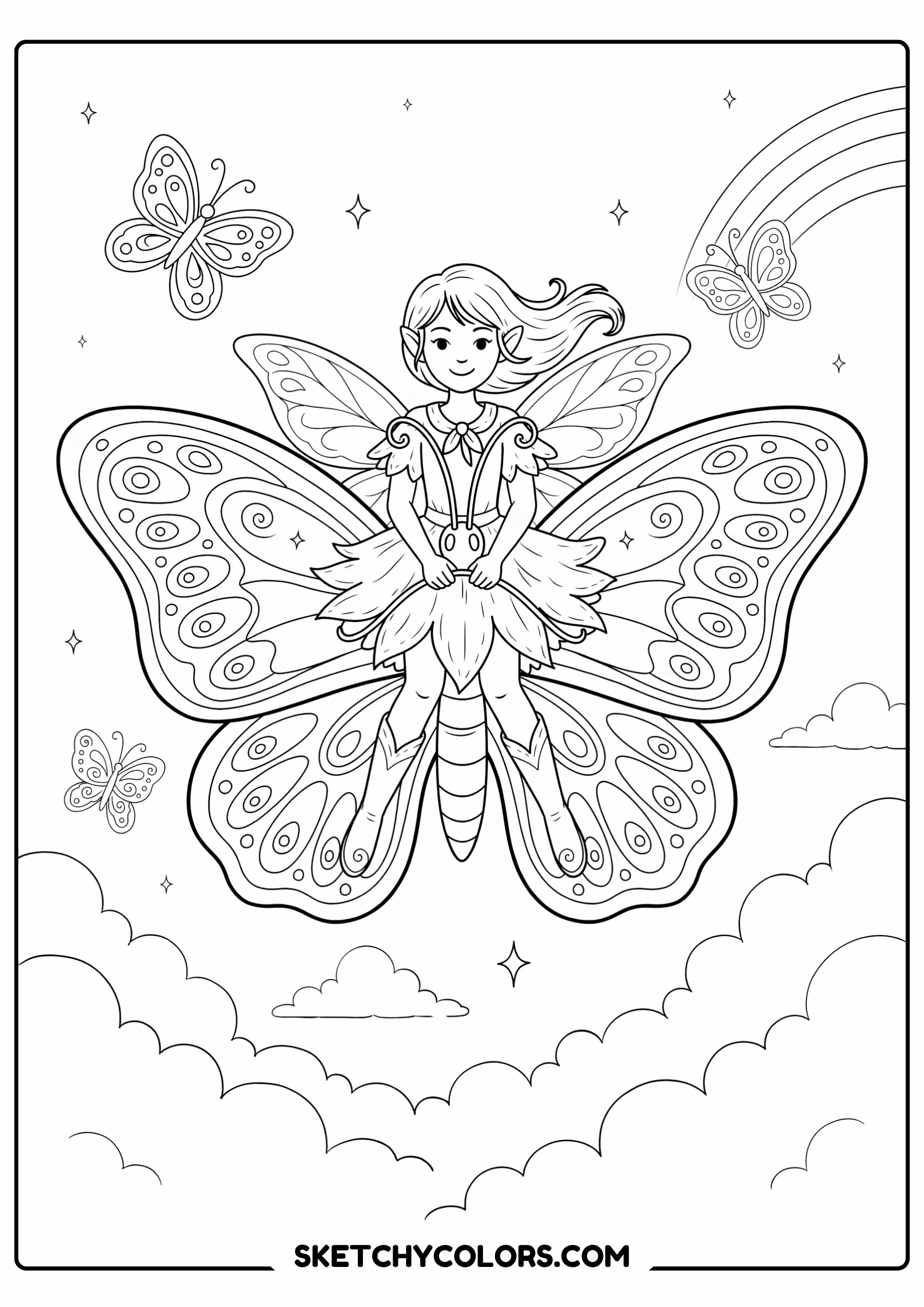 fairy coloring page riding giant butterfly clouds free printable pdf