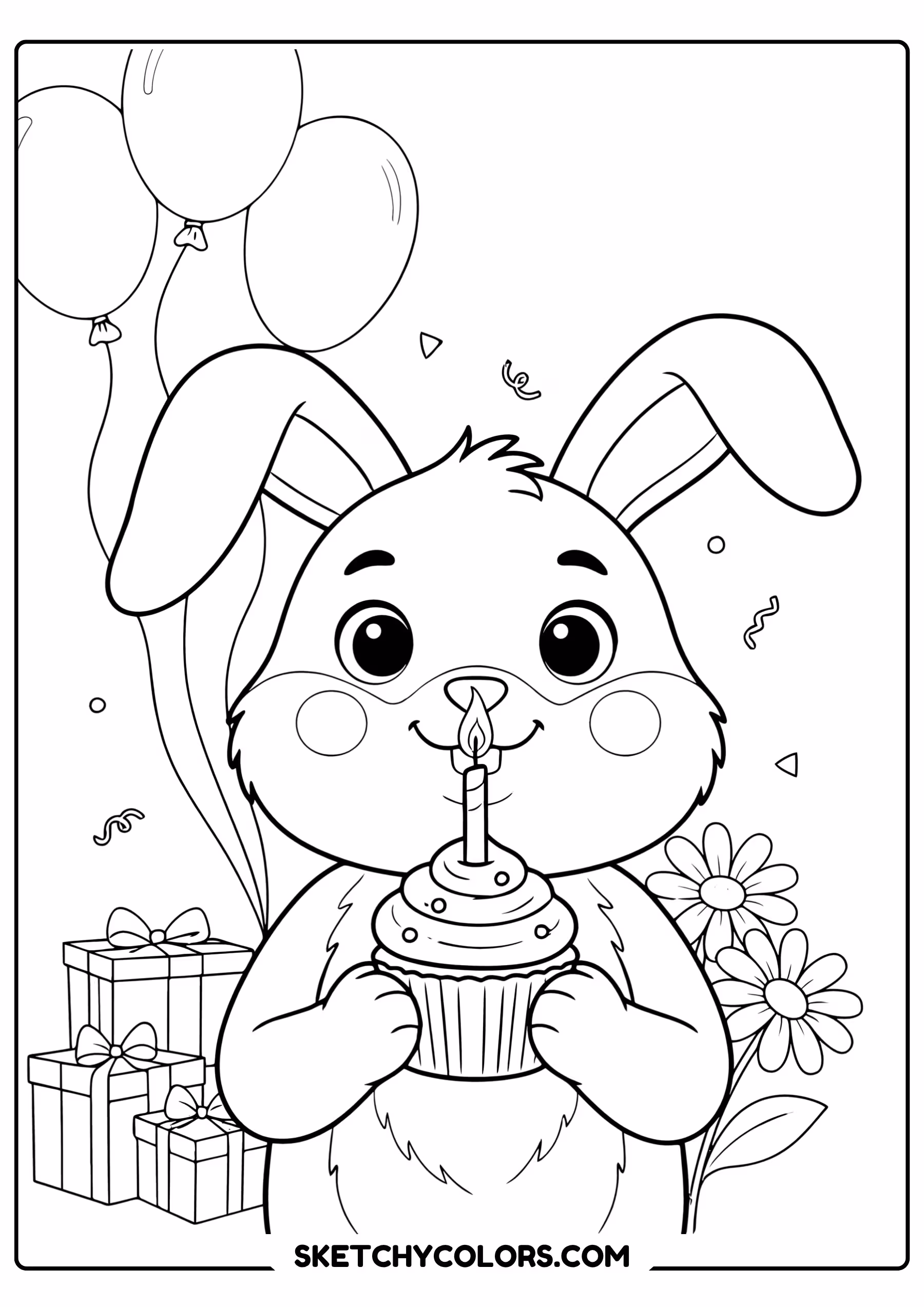 happy birthday coloring page bunny cupcake candle flowers free printable pdf