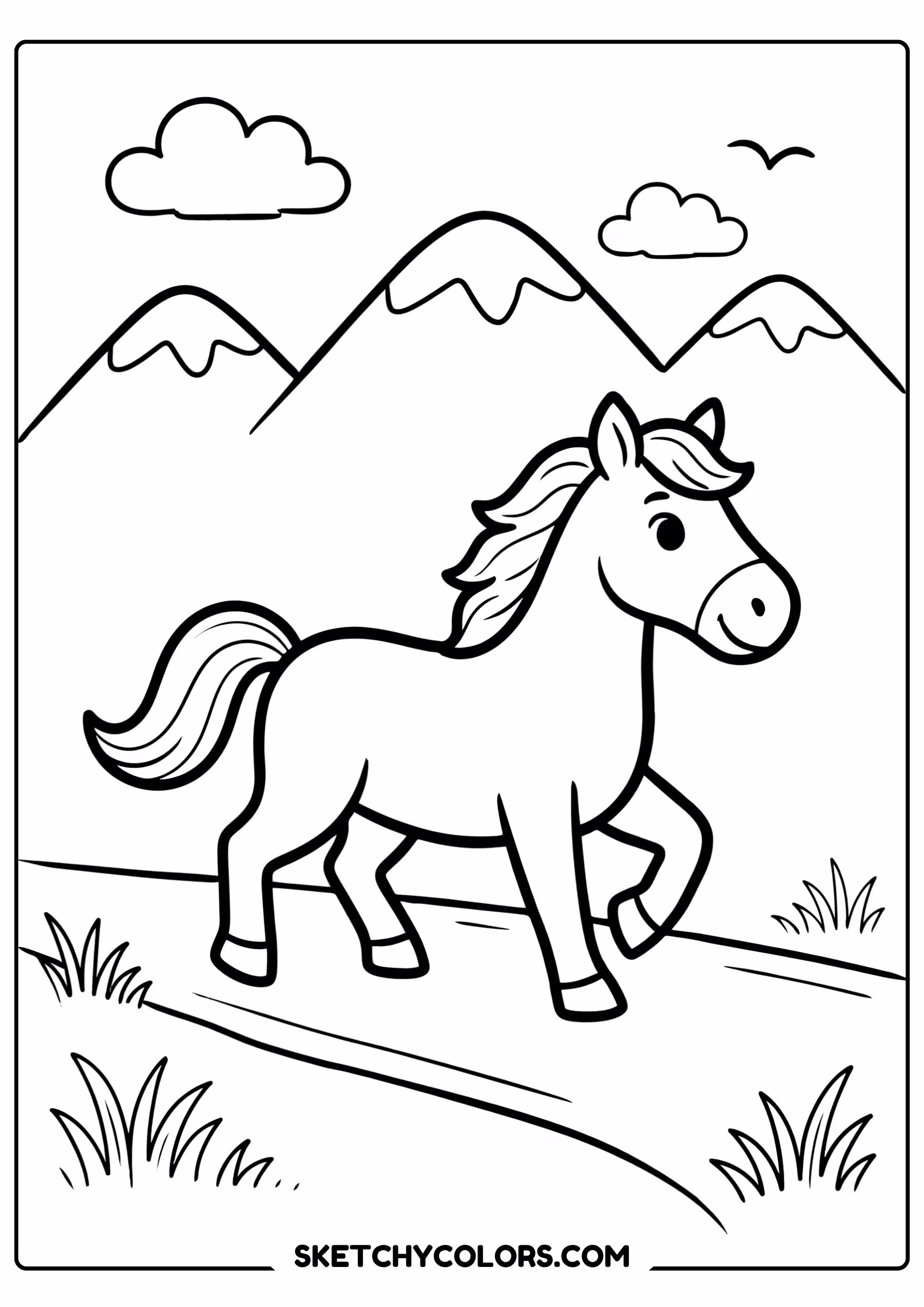 horse coloring page country trail mountains free printable pdf
