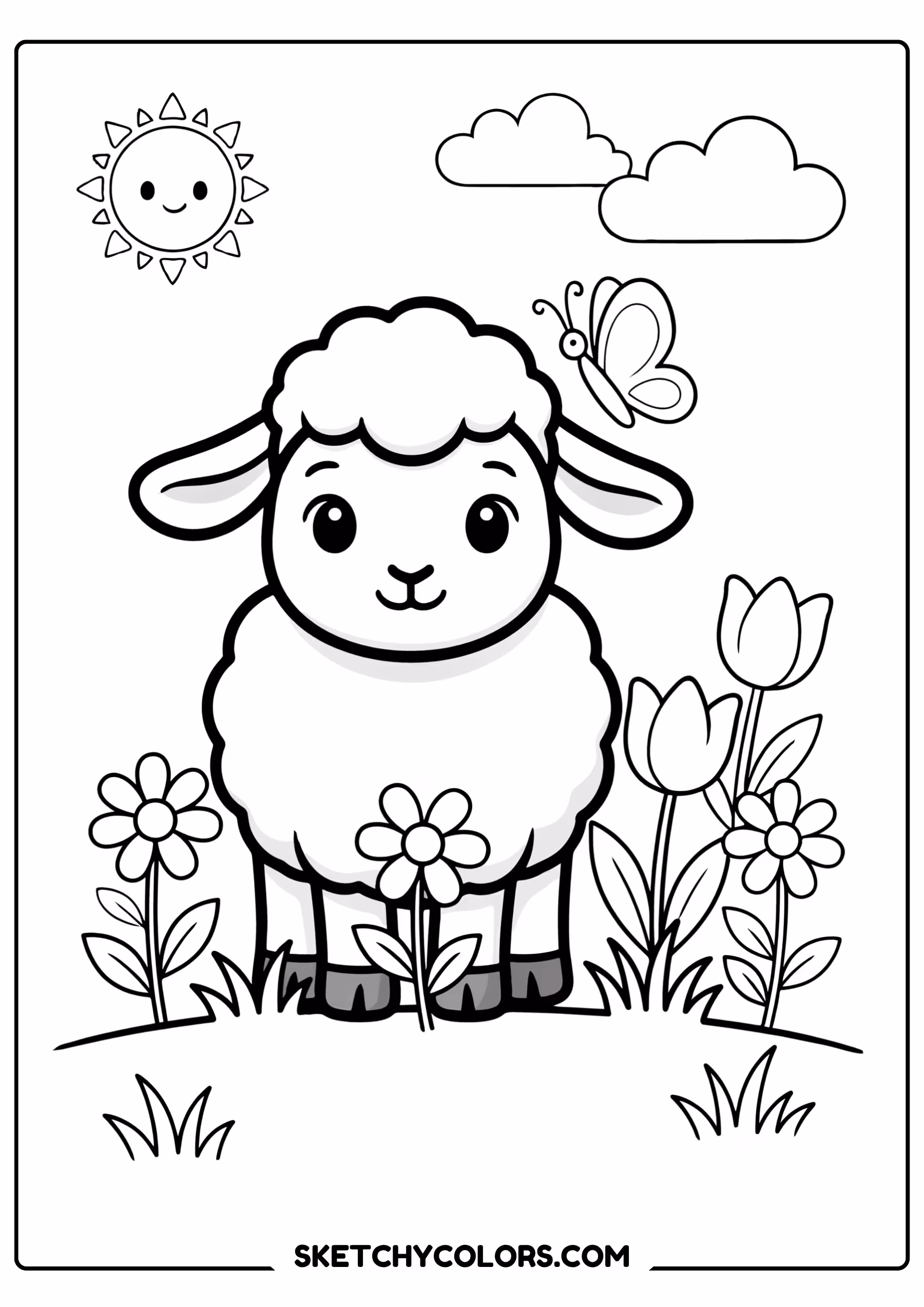 march coloring page spring lamb meadow flowers free printable pdf