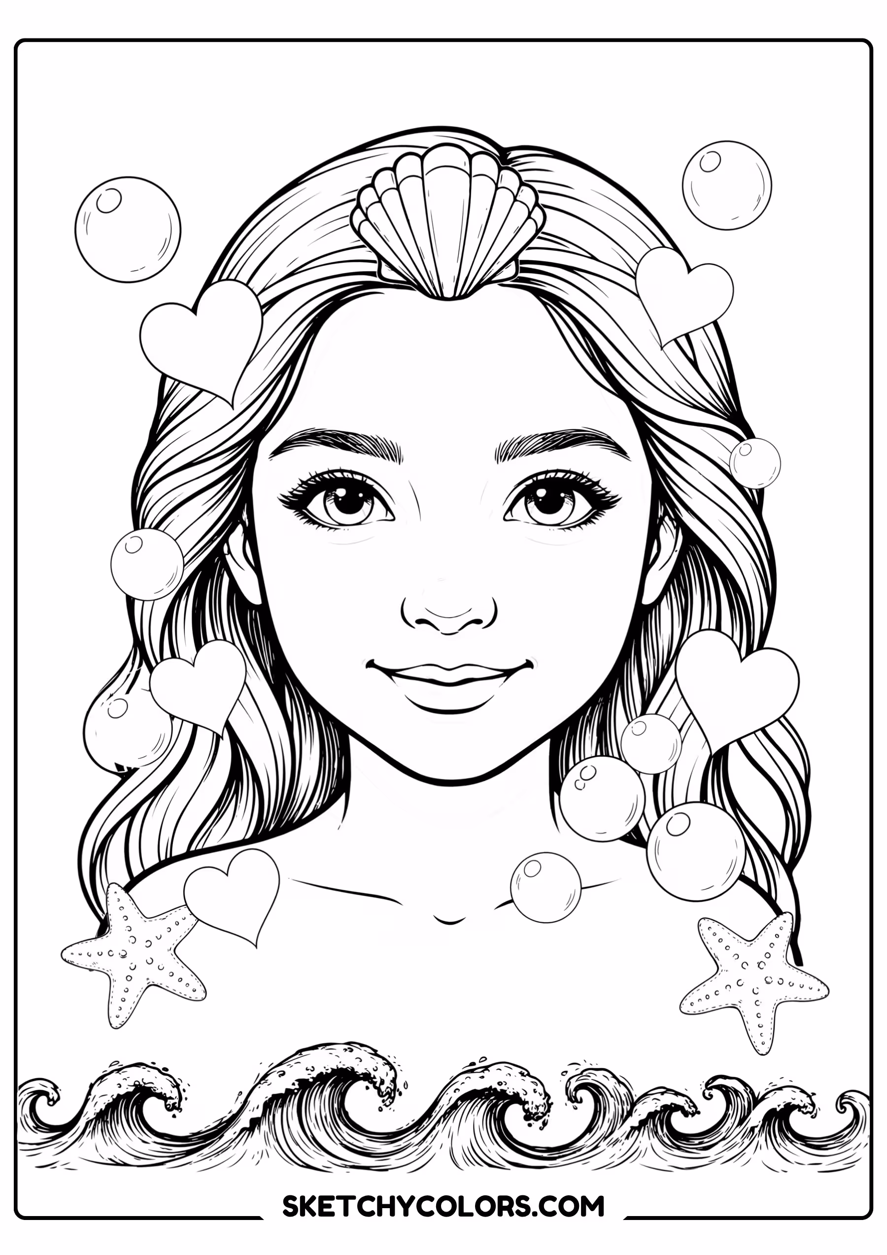 mermaid coloring page floating hearts pearls bubbles free printable pdf