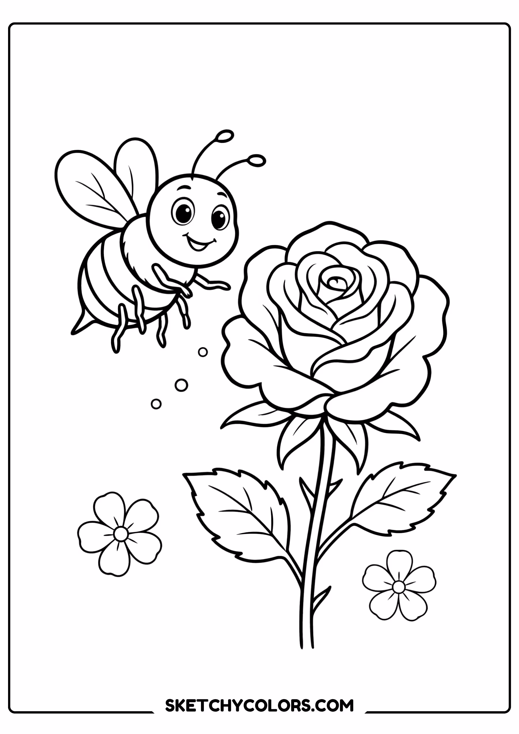 rose coloring page bee flying blooming rose free printable pdf