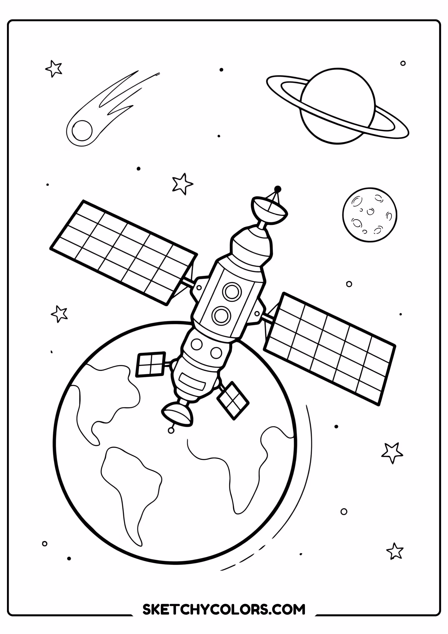 solar system coloring page space station orbiting earth free printable pdf