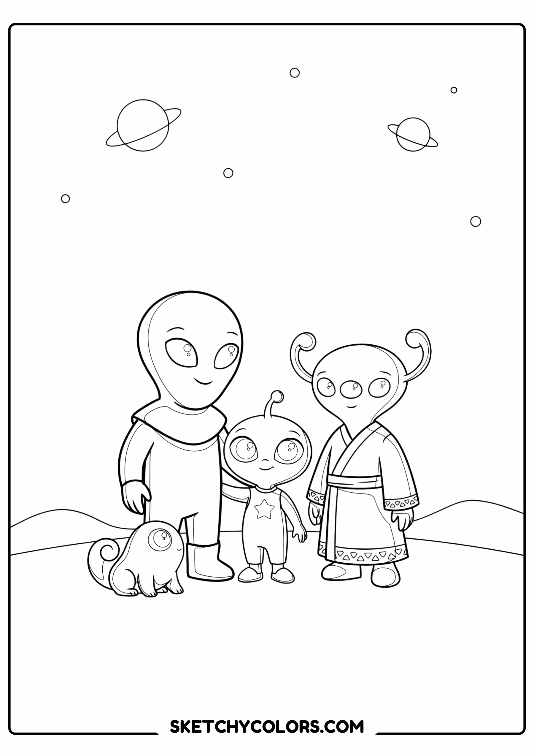 space coloring page alien family distant planet free printable pdf