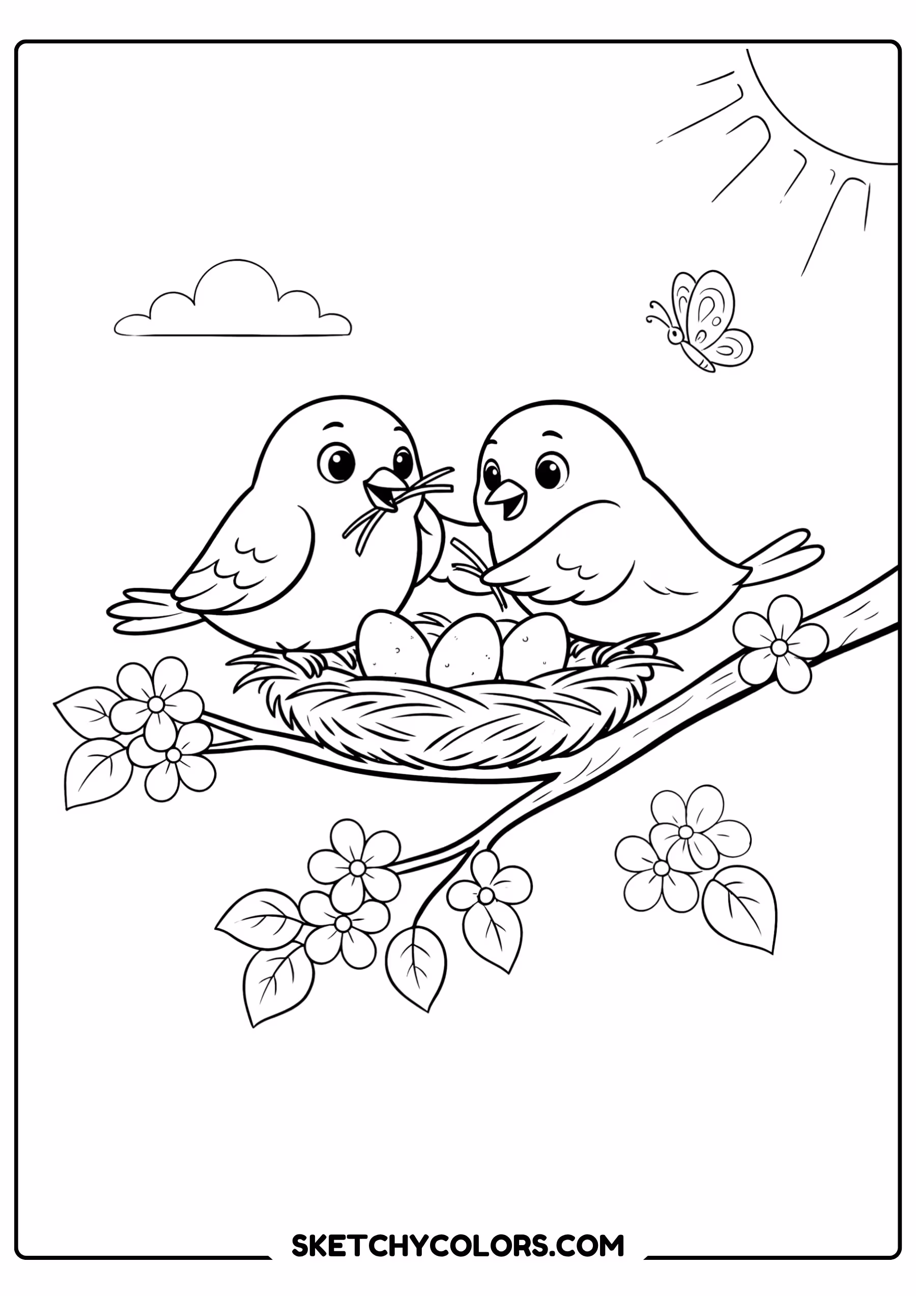 spring coloring page birds building nest flowering tree free printable pdf