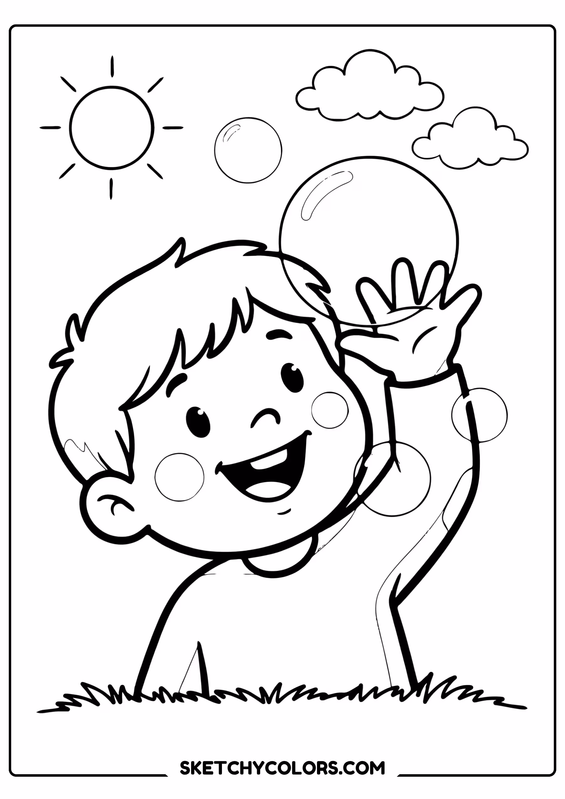 summer coloring page child catching bubbles outdoors free printable pdf
