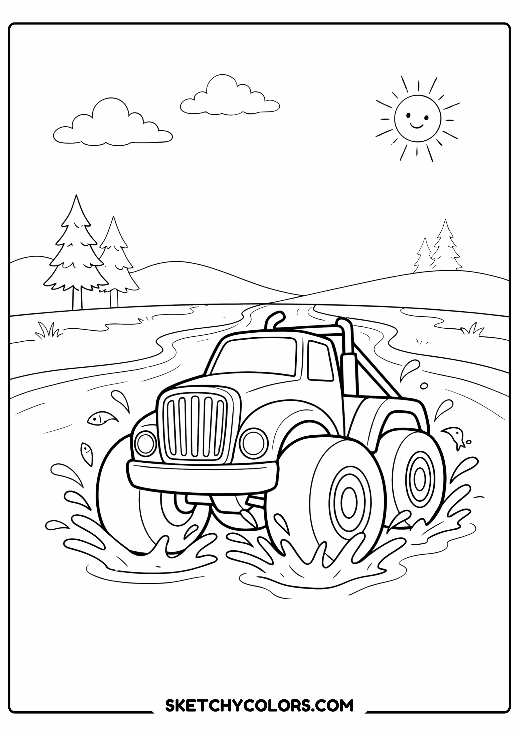 monster truck river splash free coloring sheet for kids