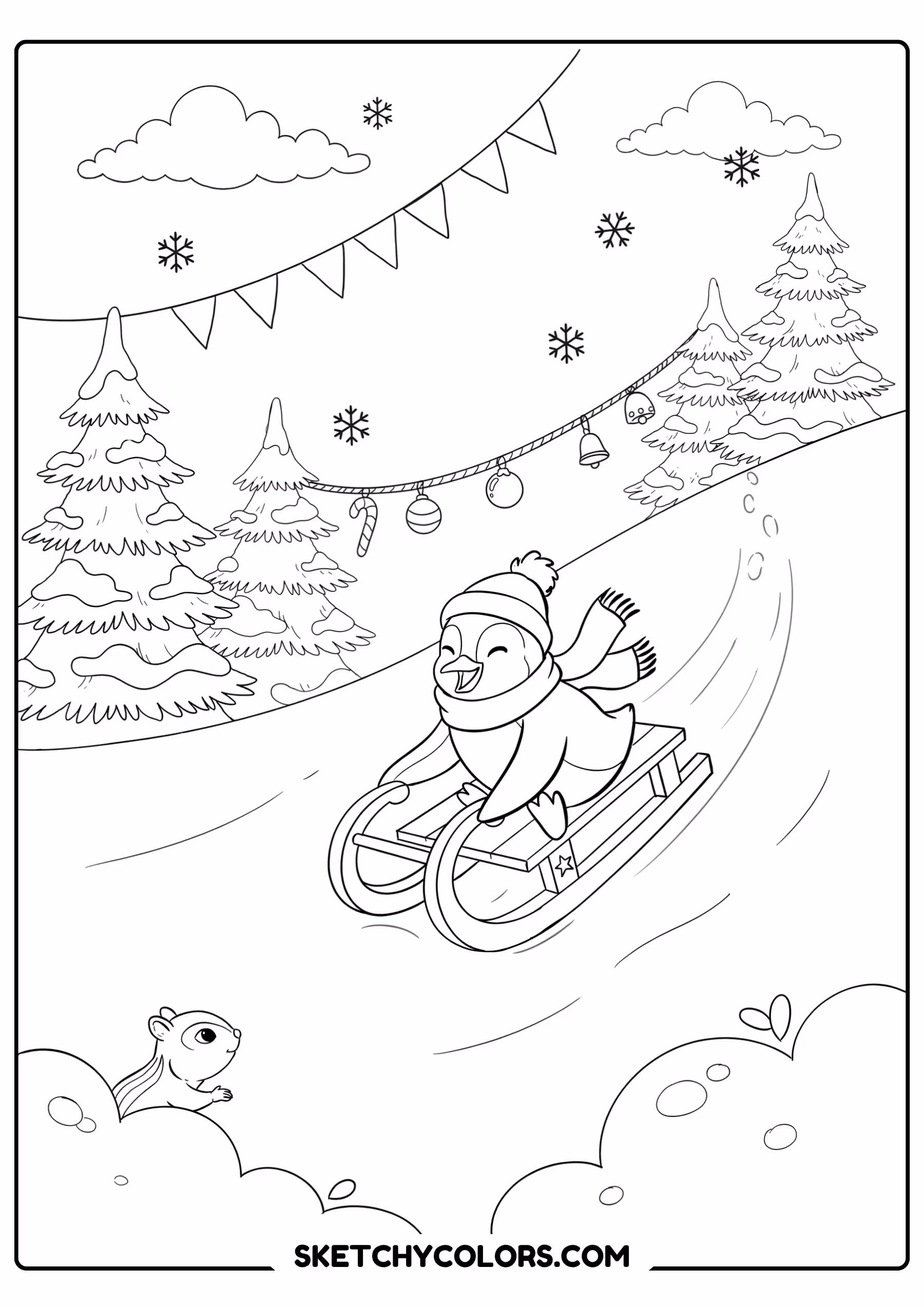 penguin sledding free coloring sheet for kids