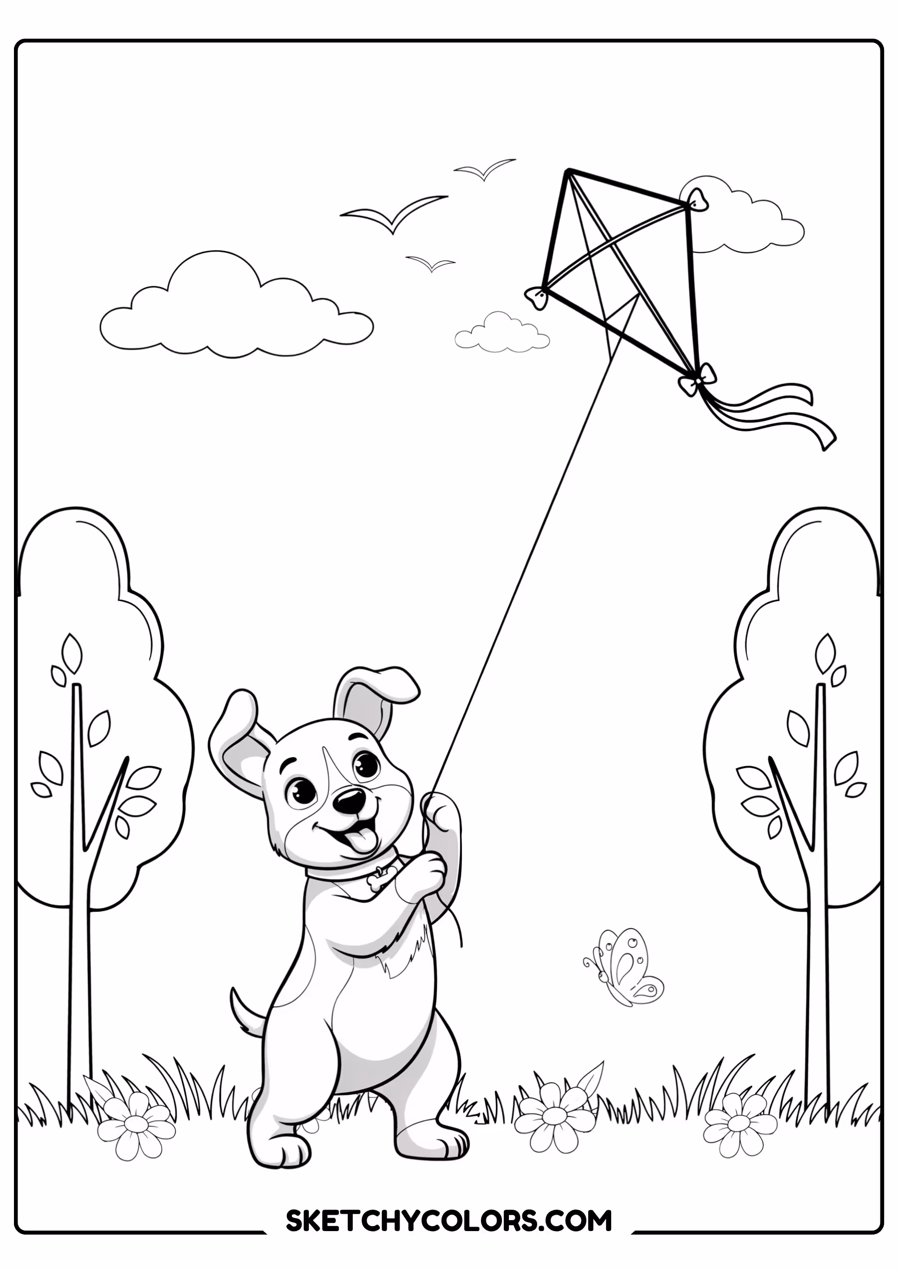 puppy flying a kite free coloring sheet for kids