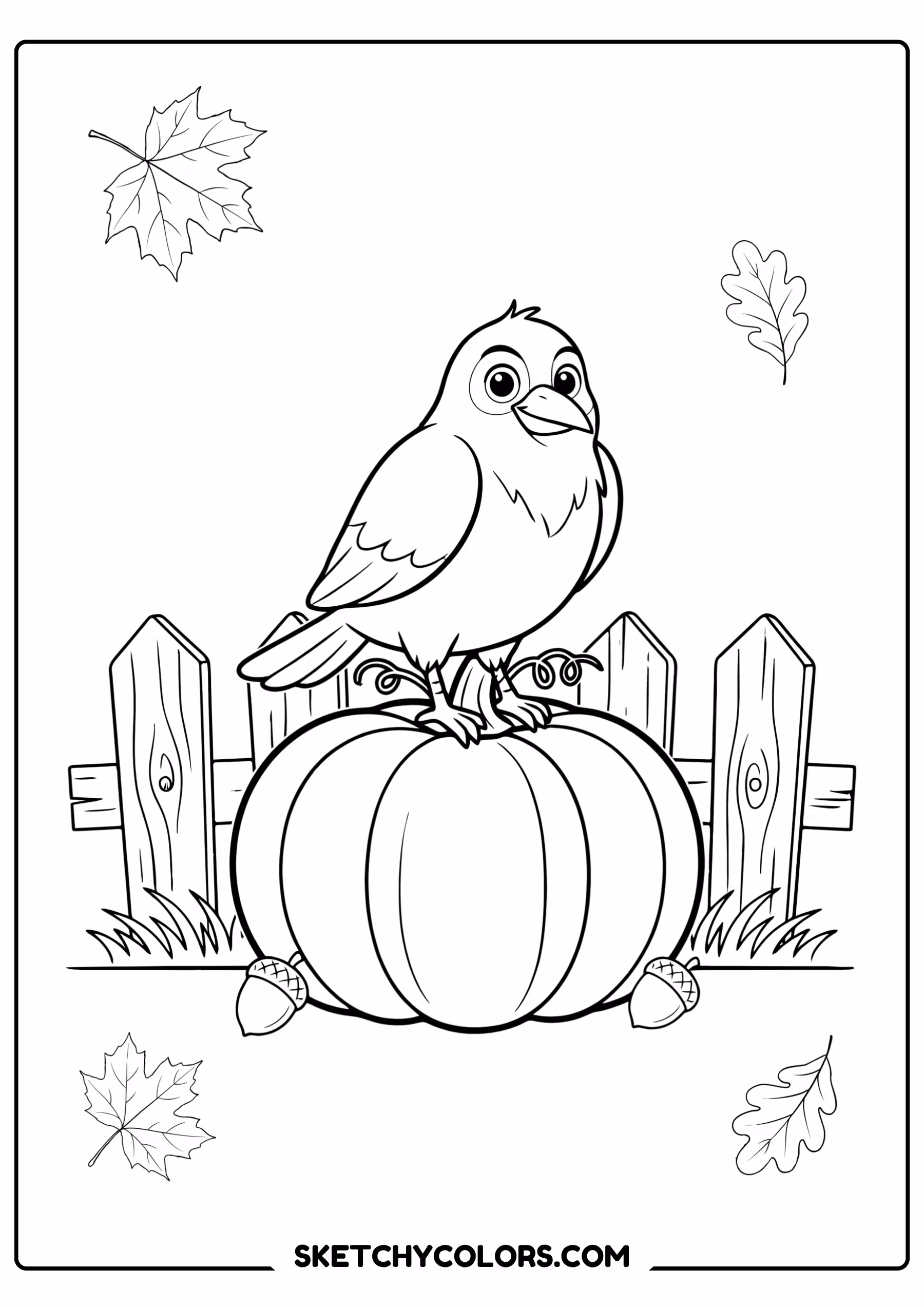 autumn coloring page crow pumpkin fence leaves free printable for kids