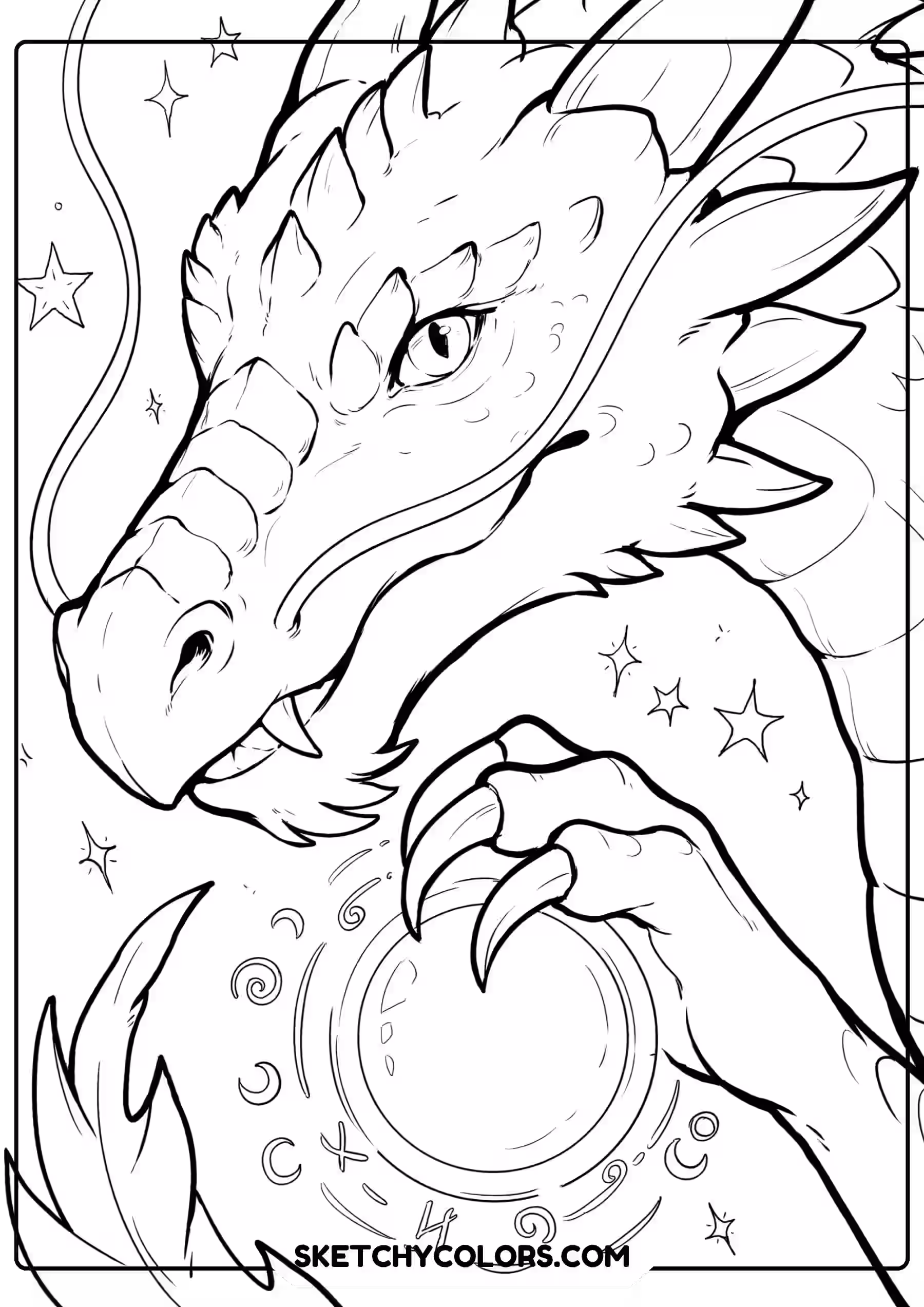 dragon coloring page magic orb symbols stars sparkles free printable for kids