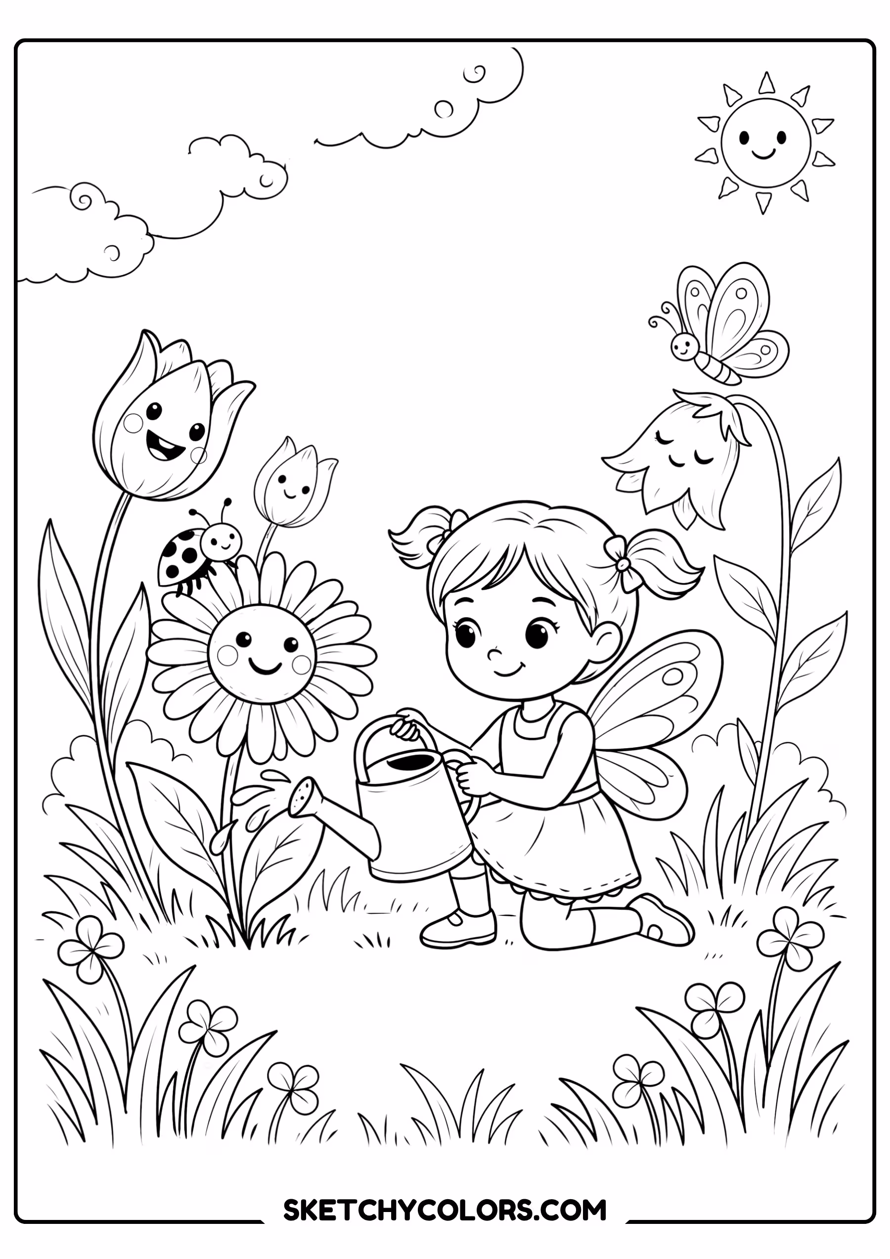 fairy coloring page watering magical flowers smiling garden free printable for kids