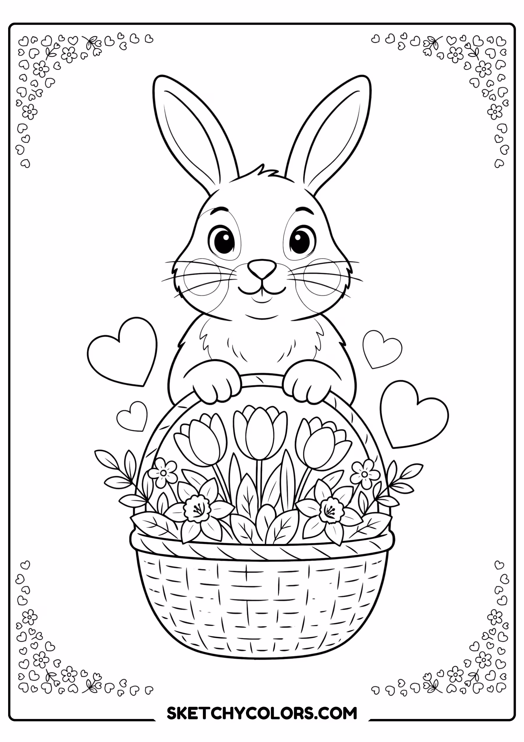 february coloring page rabbit flowers hearts basket free printable for kids