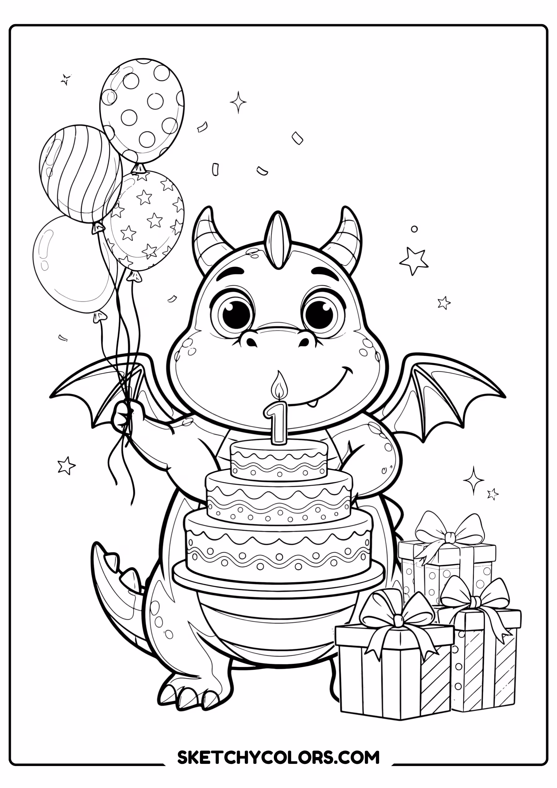 happy birthday coloring page dragon birthday cake balloons free printable for kids