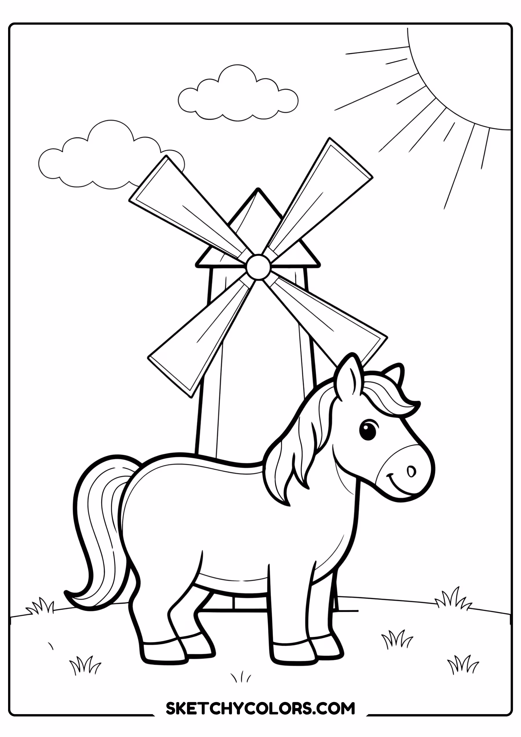 horse coloring page windmill grassy field free printable for kids