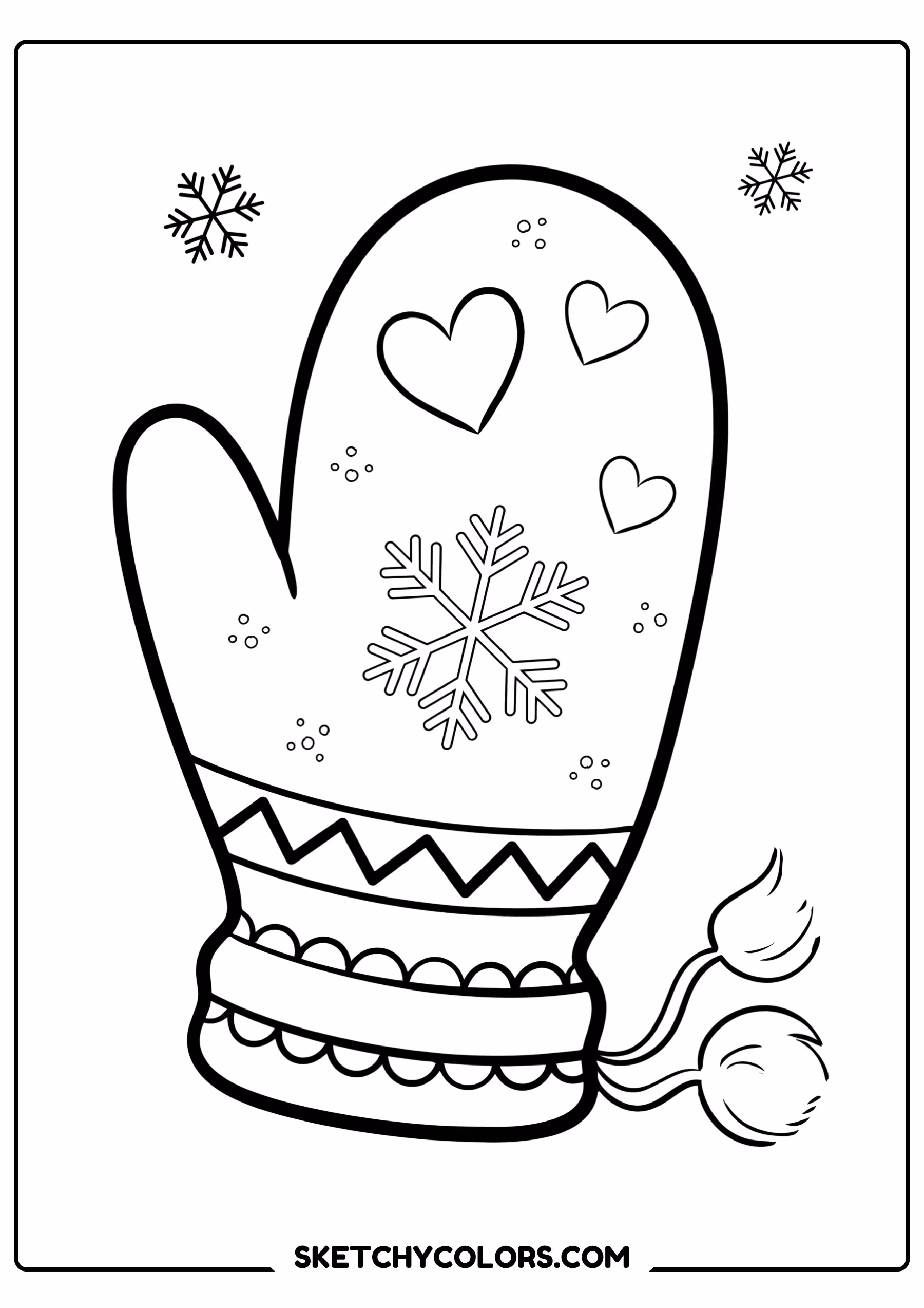 january coloring page winter mitten snowflakes hearts free printable for kids