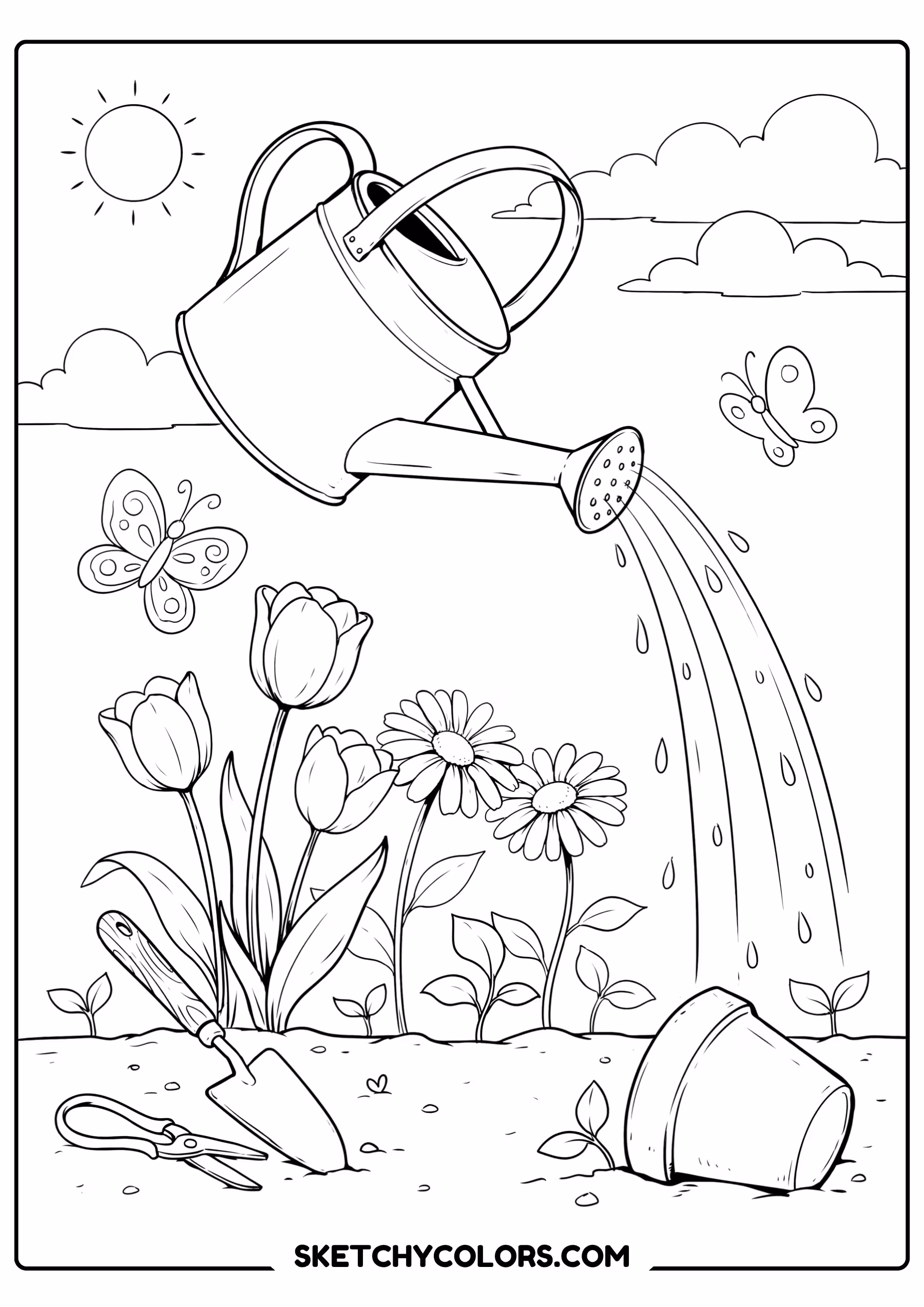 march coloring page watering can flowers butterflies free printable for kids