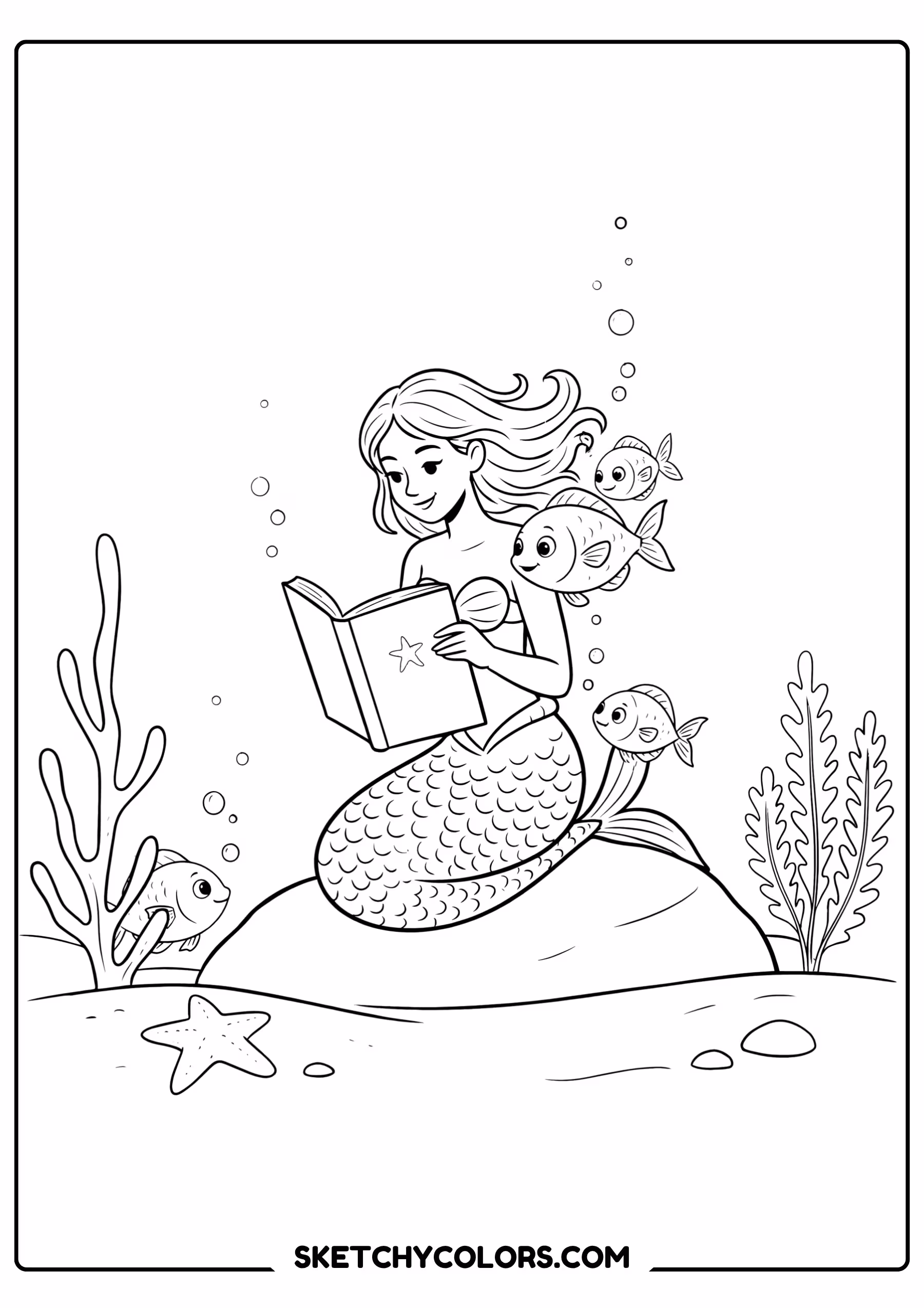 mermaid coloring page reading storybook underwater fish free printable for kids