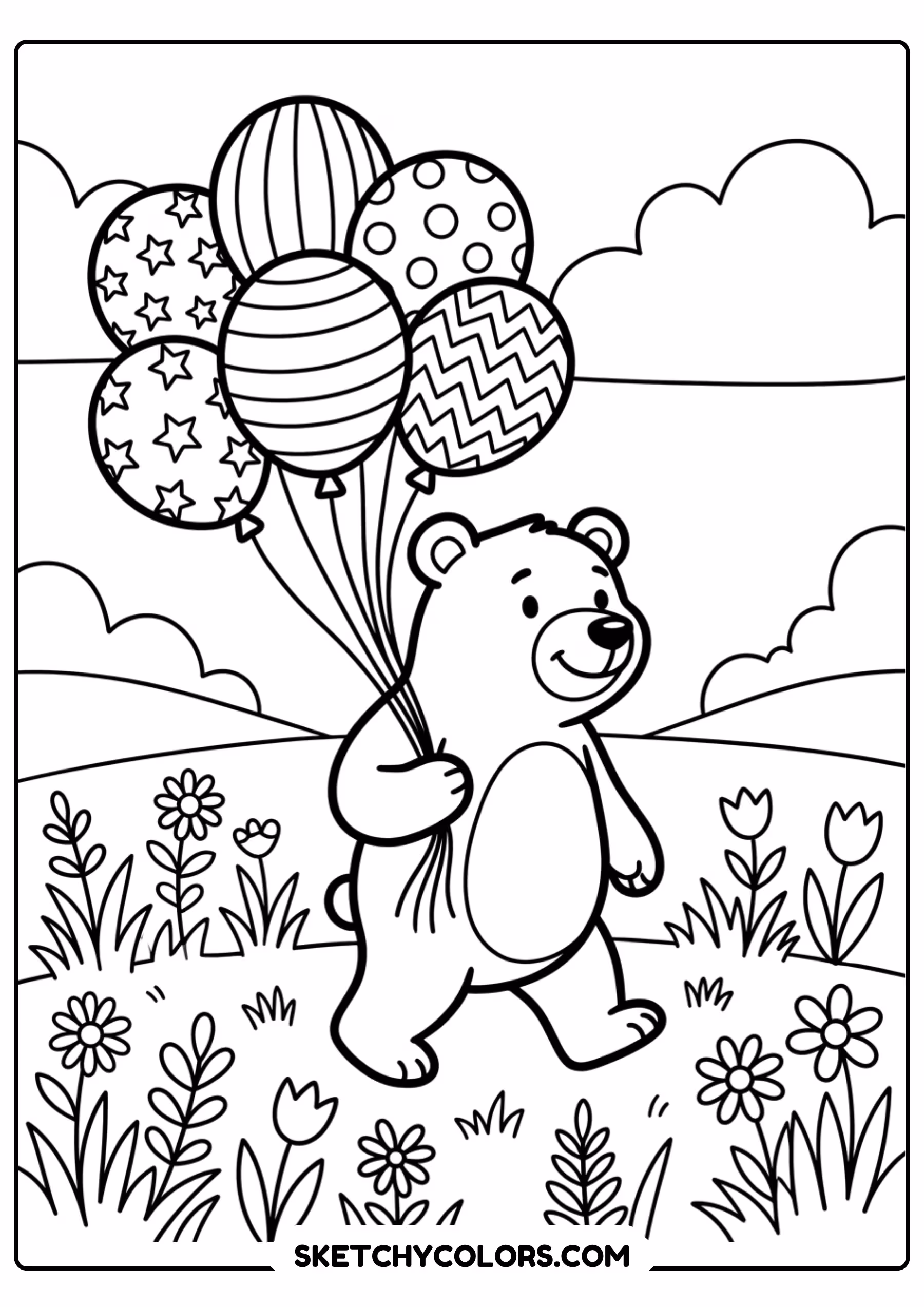 bear balloon rainbow coloring page printable